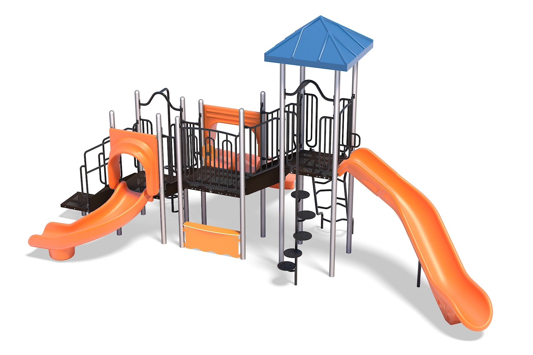 Playground structure with orange slides, blue roof, black railings, climbing elements, and interactive panels for active play