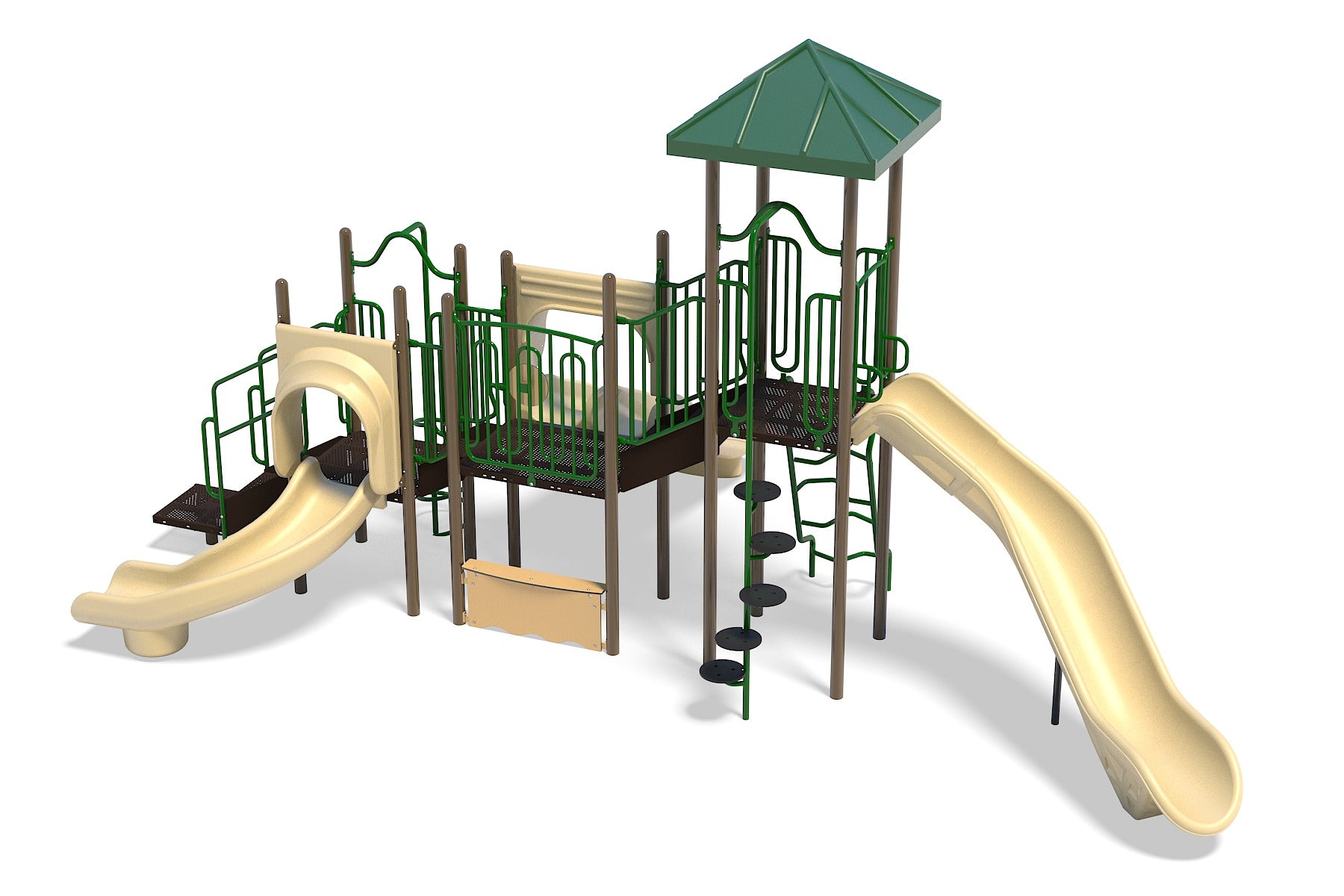 Natural-colored playground structure with green roof canopy, two slides, climbing elements, and interactive panels