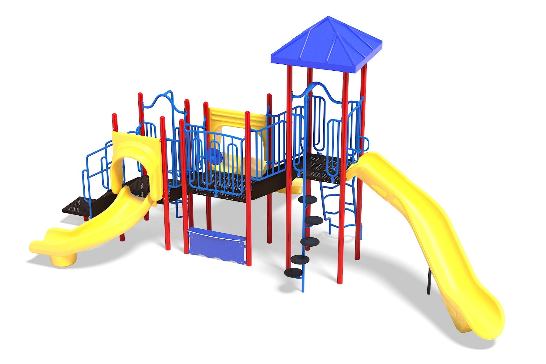 Colorful playground structure with yellow slides, blue railings, red supports, and a blue roof canopy