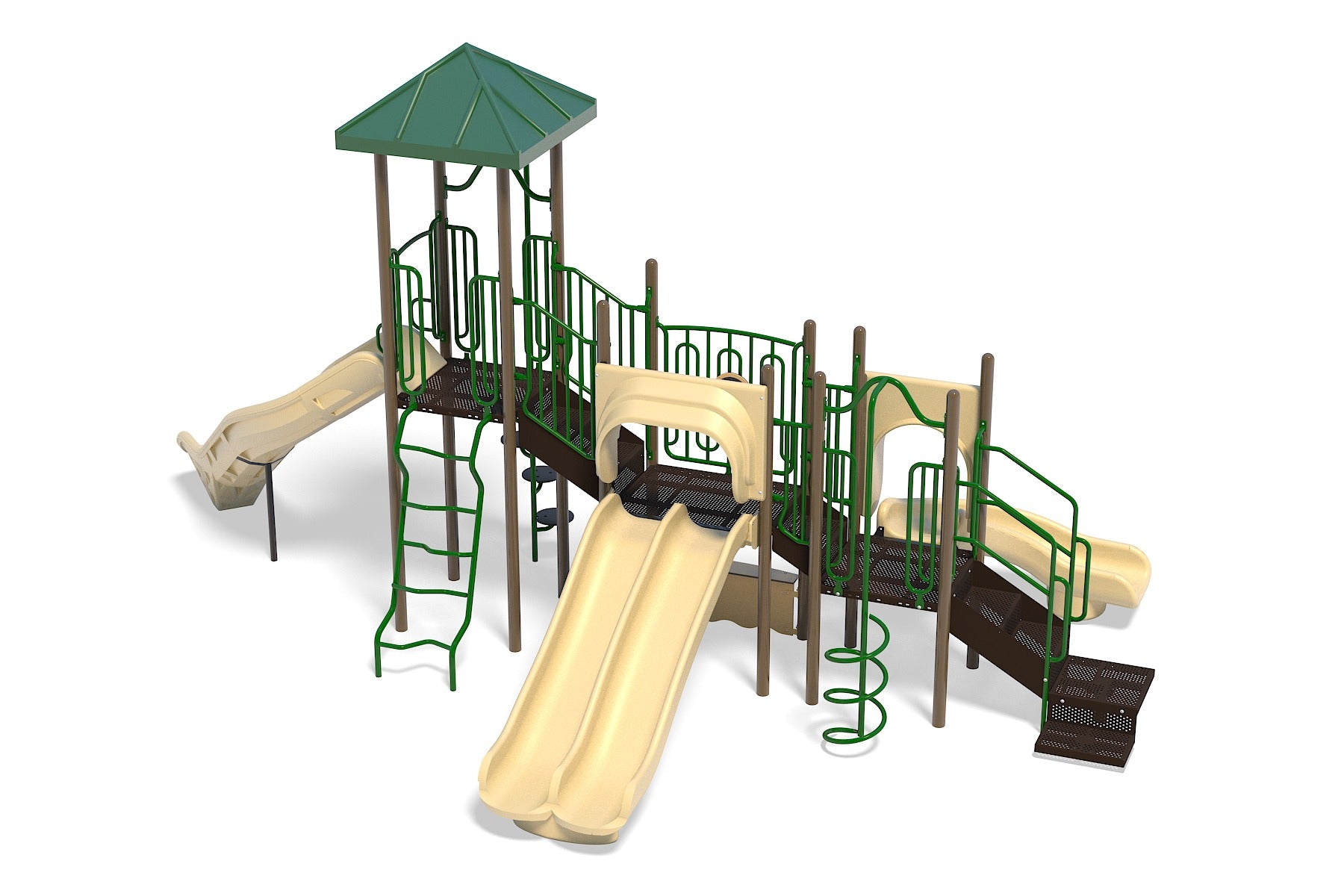 Big Ben Explorer Playground in natural colors with multiple slides, climbing elements, a shaded platform, and interactive panels