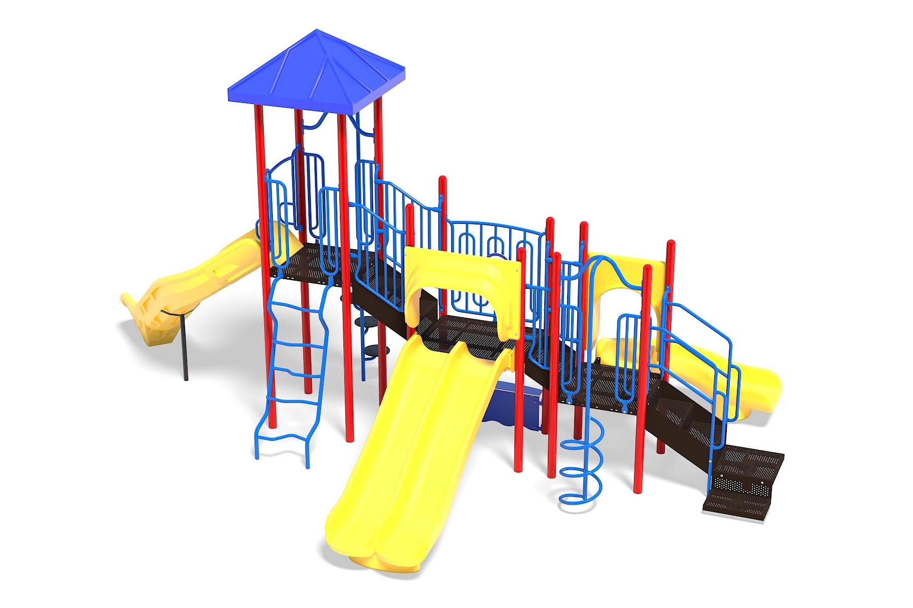 Colorful playground structure with yellow slides, blue railings, red supports, climbing elements, and a blue roof