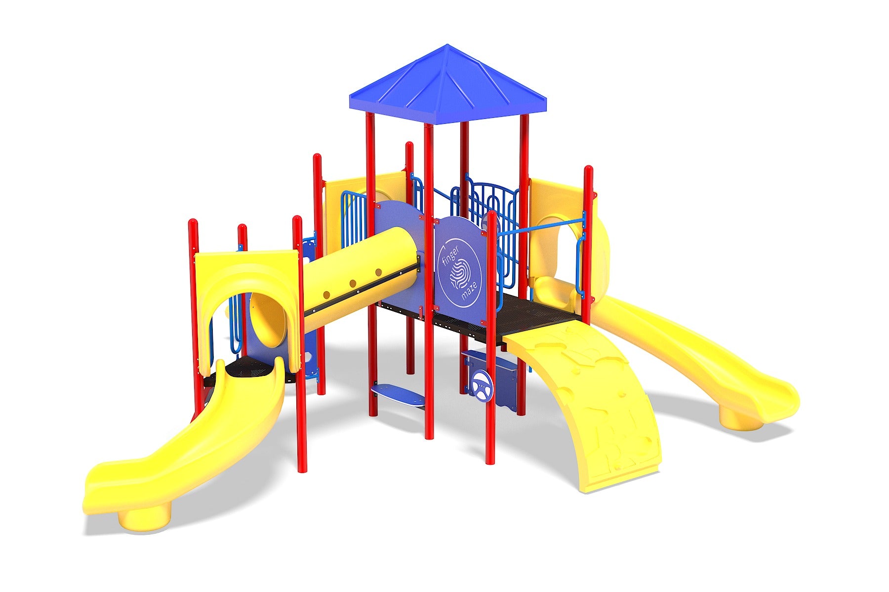 Colorful playground structure with yellow slides, crawl tunnel, climbing ramp, and blue roof, featuring interactive play panels and climbing challenges.