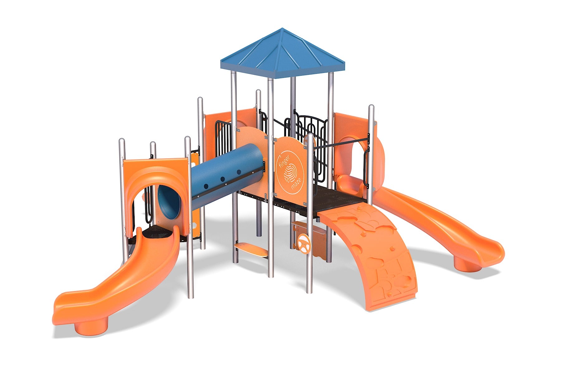 Compact playground with orange slides, blue crawl tunnel, climbing panels, and blue roof canopy