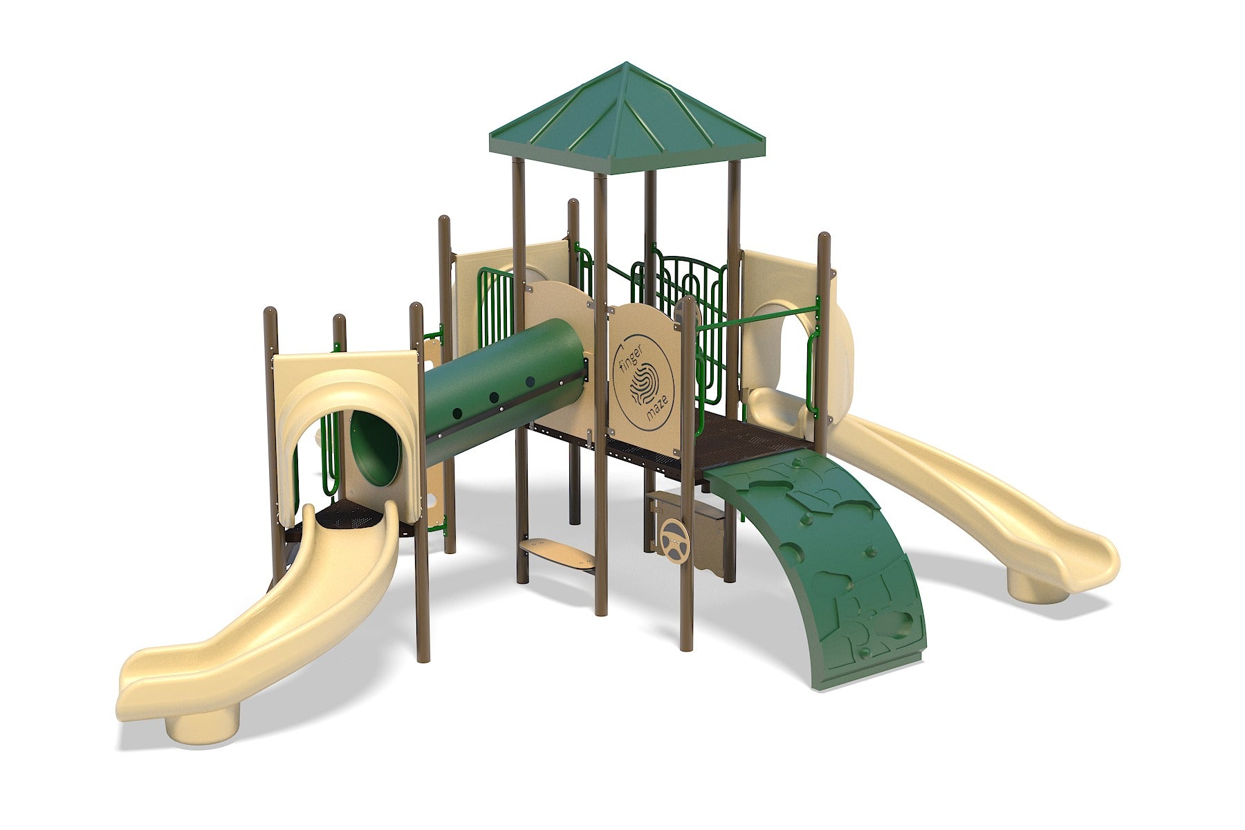 Forest Park Playground with green roof, beige slides, crawl tunnel, climbing wall, and interactive snow-cone shop panel