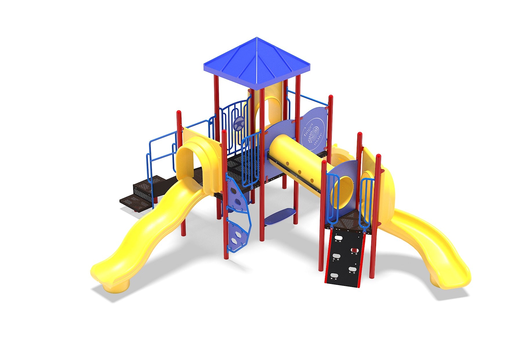 Colorful playground structure with yellow slides, angled crawl tunnel, climbing panels, and blue roof
