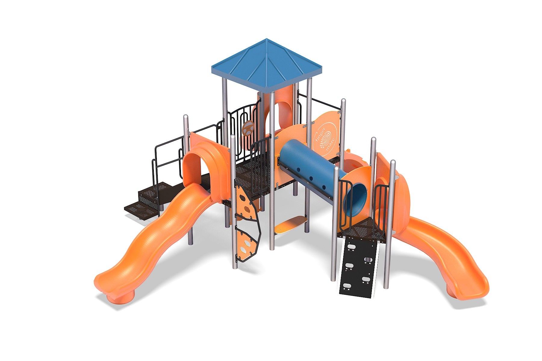 Colorful playground structure with two orange slides, blue crawl tunnel, climbing panels, and a blue roof