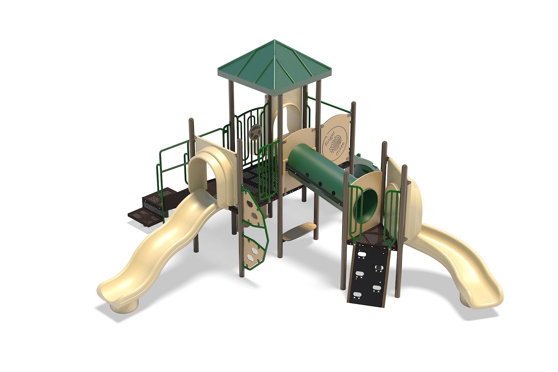 Playground structure with two slides, angled crawl tunnel, climbing panels, and green roof, vibrant outdoor play area