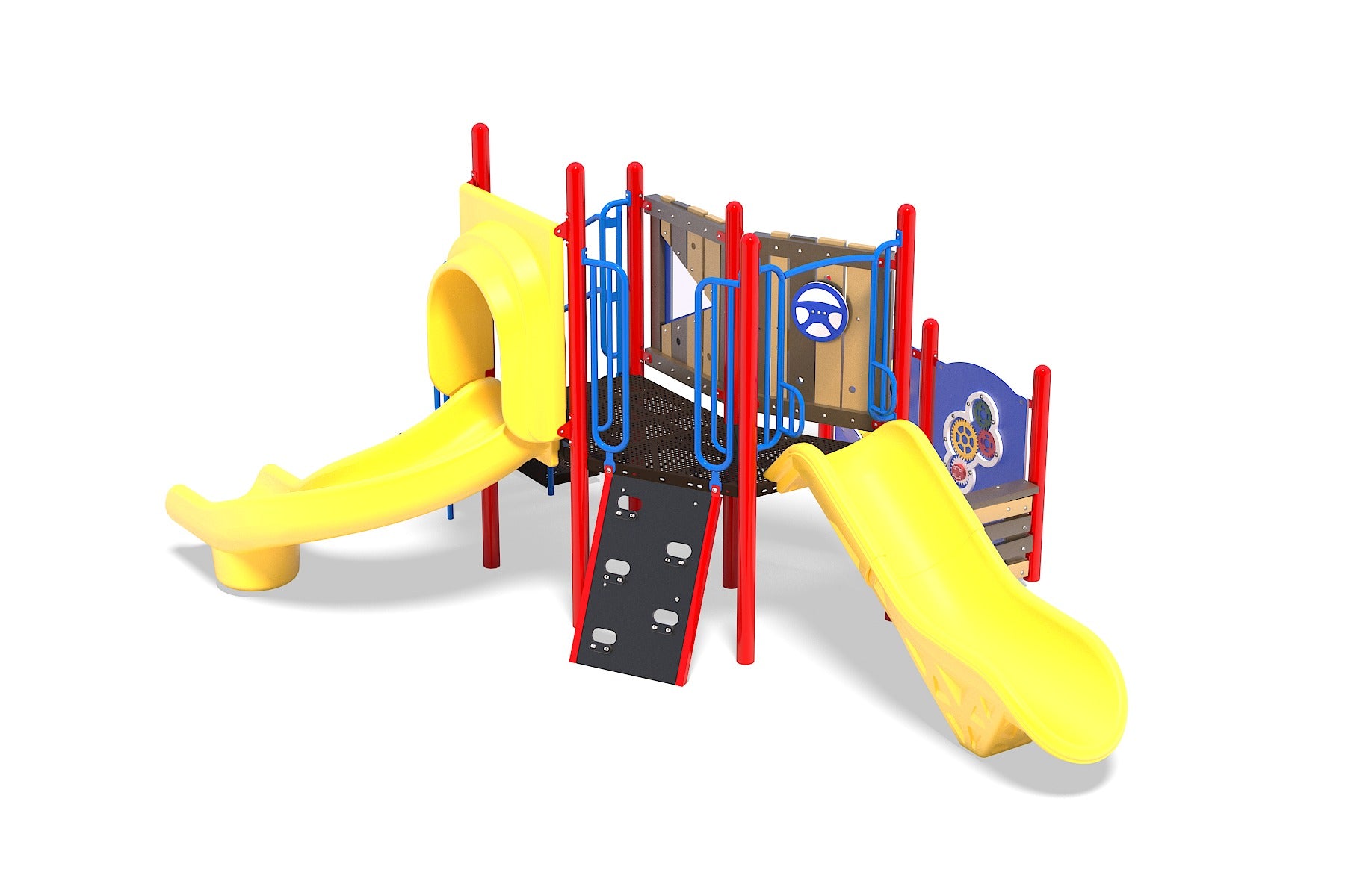 Jungle Oasis Playground with yellow twister and straight slides, red and blue climbing structure, interactive panels, and steering wheel