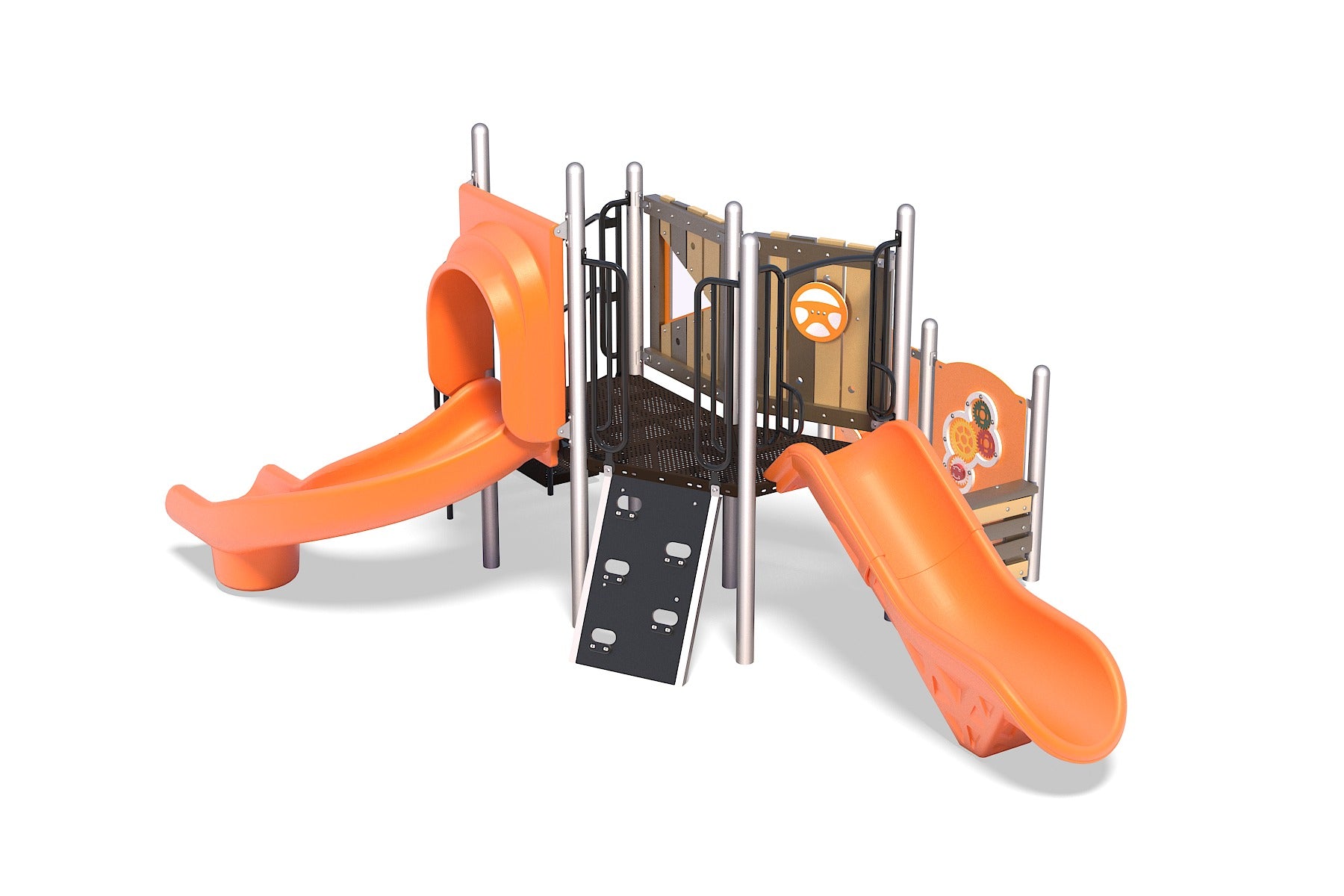 Playground structure with two orange slides, climbing ramp, and interactive panels including steering wheel and gears.