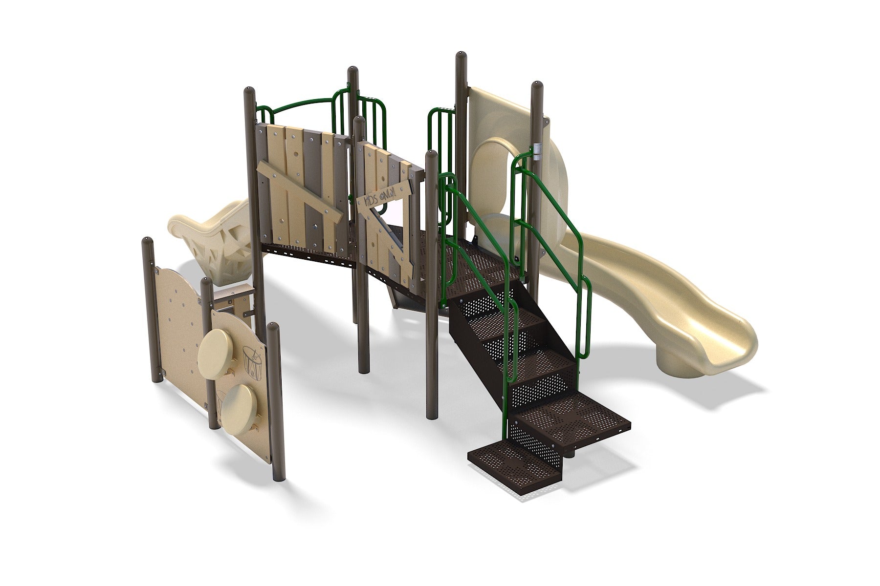 Playground structure with beige slides, green railings, stairs, and interactive panels including drums and steering wheel