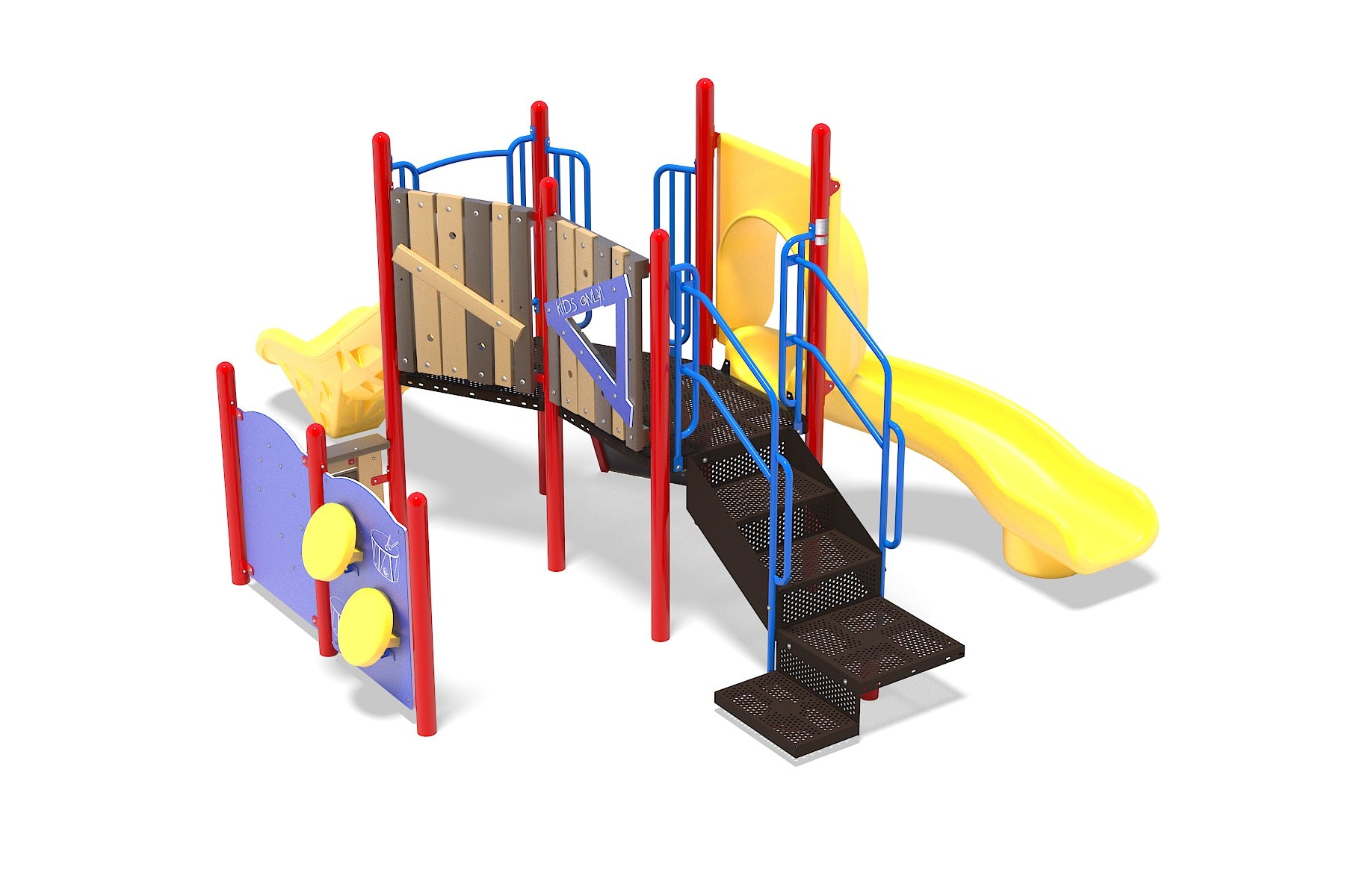 Colorful playground structure with yellow twister and straight slides, red posts, blue railings, interactive panels, and black stairs.