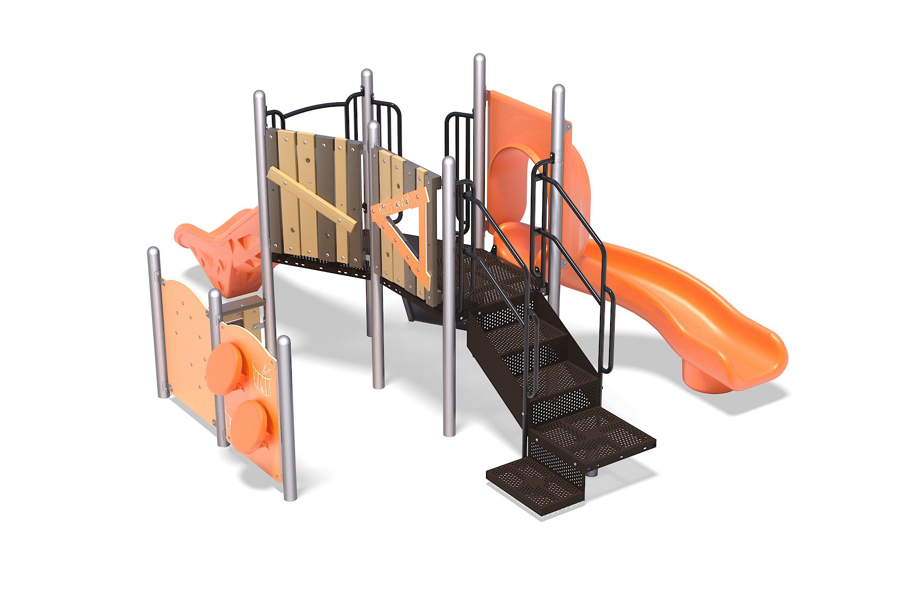 Compact playground with orange slides, climbing panels, stairs, interactive drum and gear features for imaginative play.