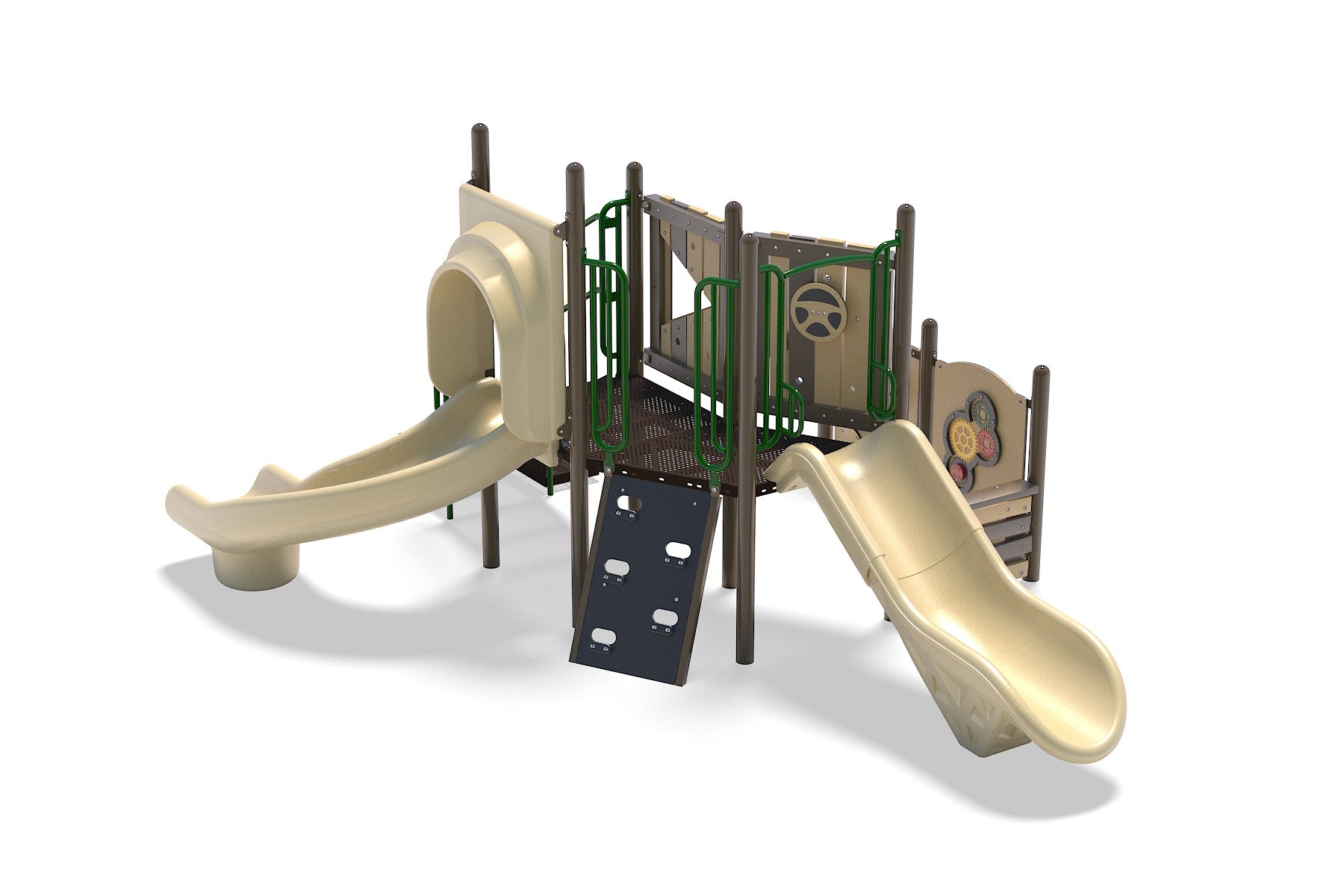 Compact natural-toned playground structure with two slides, climbing panel, steering wheel, gear panel, and drum panel.