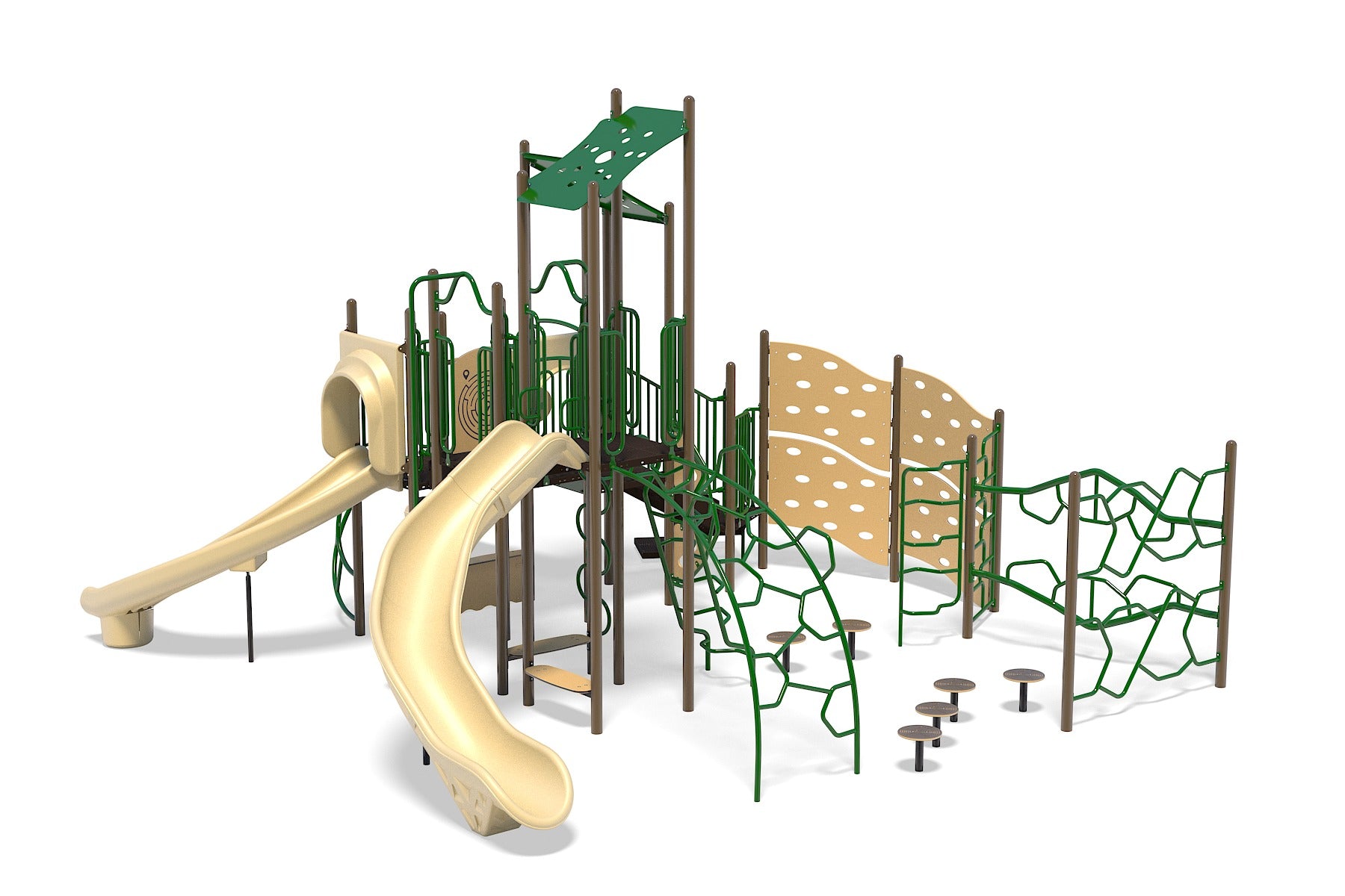 Large playground structure with multiple beige slides, green climbing frames, and tan activity panels for interactive play