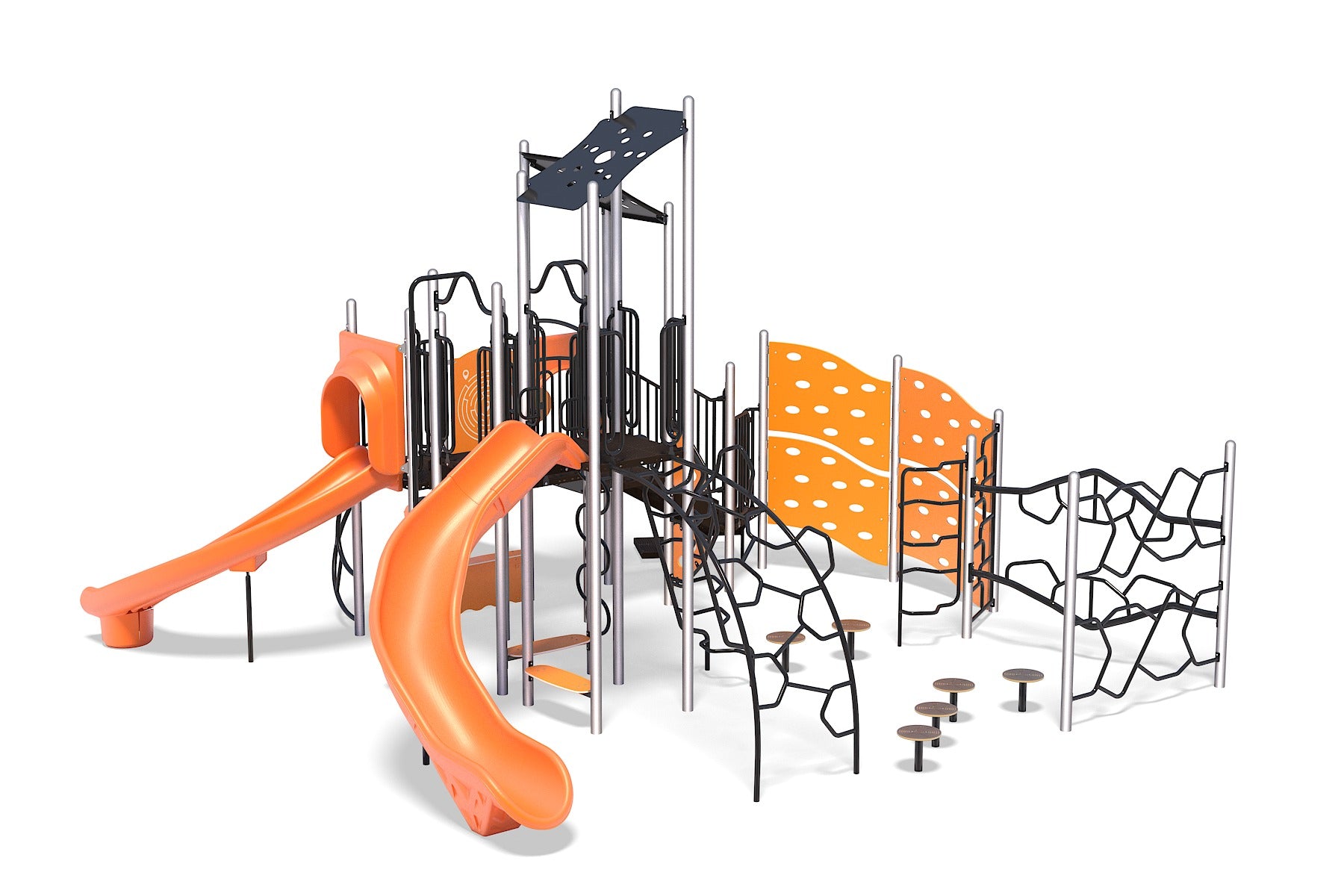 Colorful playground structure with multiple orange slides, climbing nets, platforms, and interactive play panels