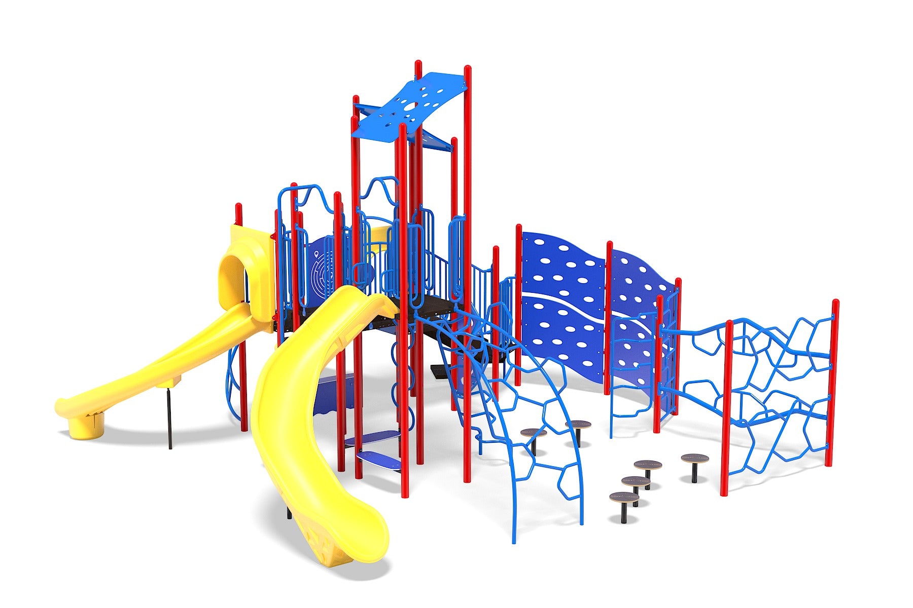 Colorful playground structure with yellow slides, blue climbing frames, red poles, and interactive panels for active play.