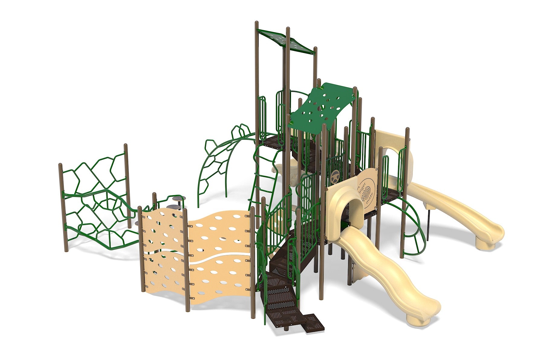 Multi-level playground with beige slides, green climbing nets, platforms, and interactive panels for active play and exploration
