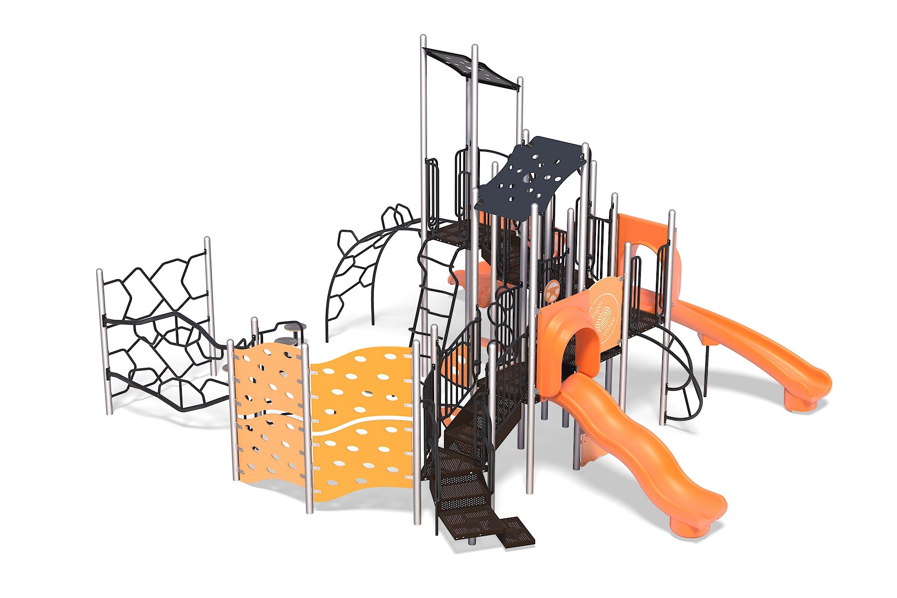 Colorful playground structure with orange slides, climbing nets, platforms, and shaded play areas for active kids.