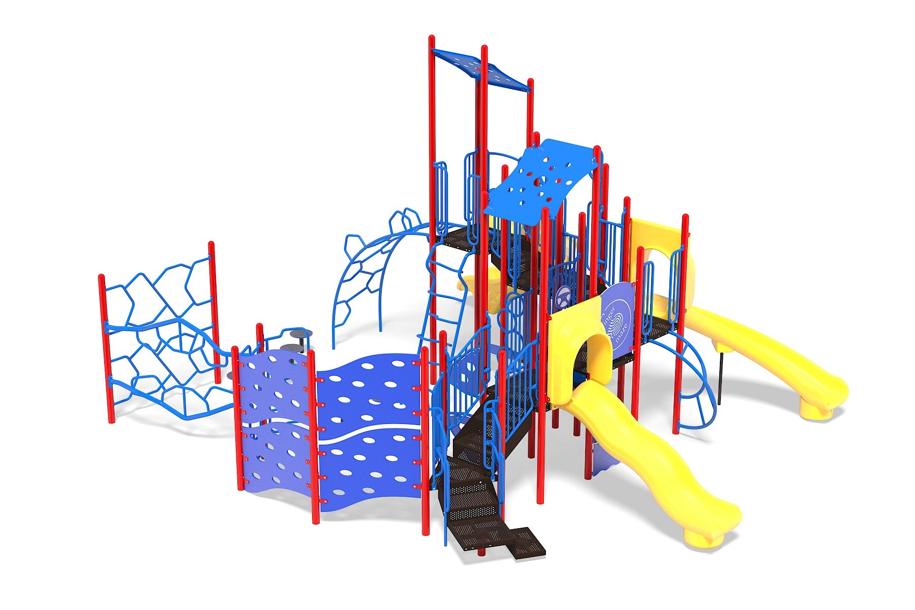 Colorful playground structure with yellow slides, blue climbing panels, and red support poles featuring multiple slides and climbers for active play.