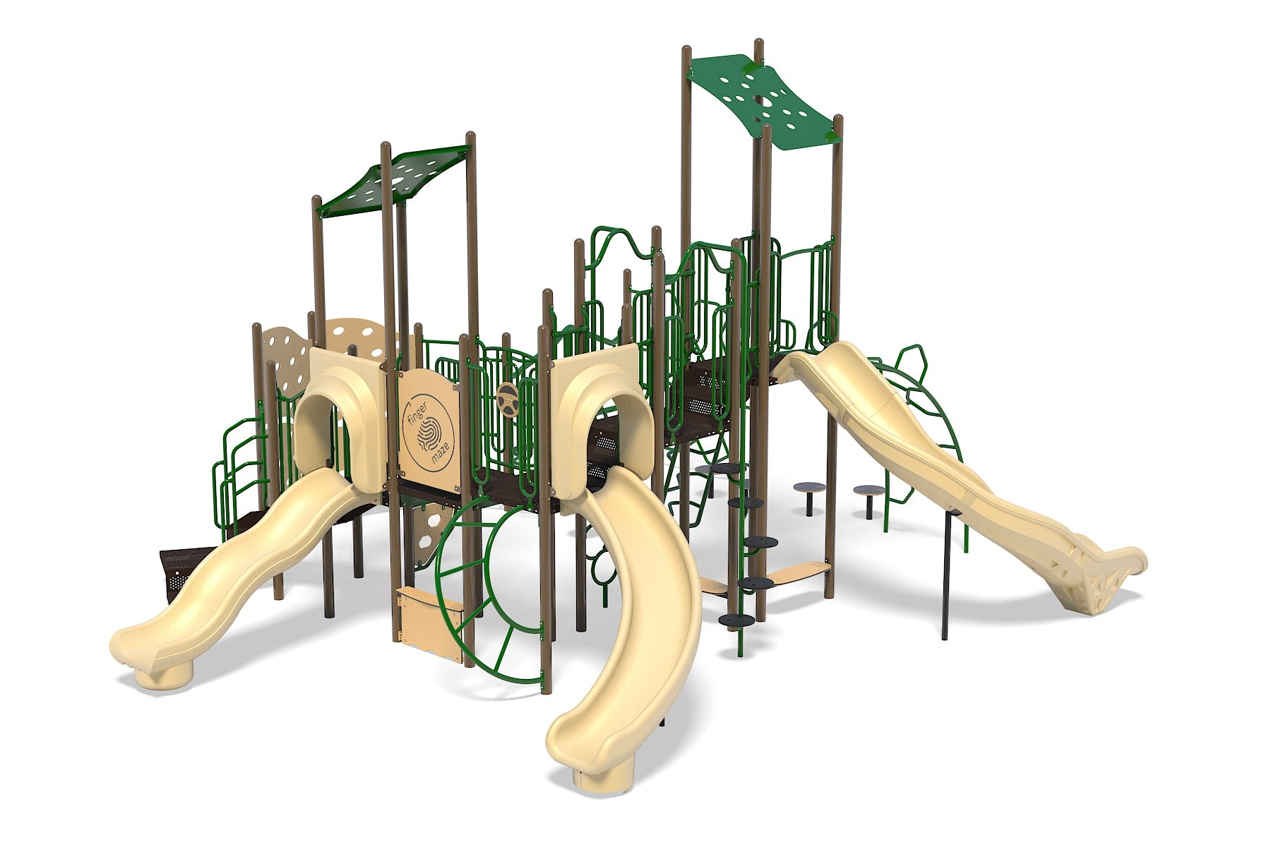 Natural-colored playground structure with multiple slides, diverse climbing elements, green metal railings, and interactive play panels.