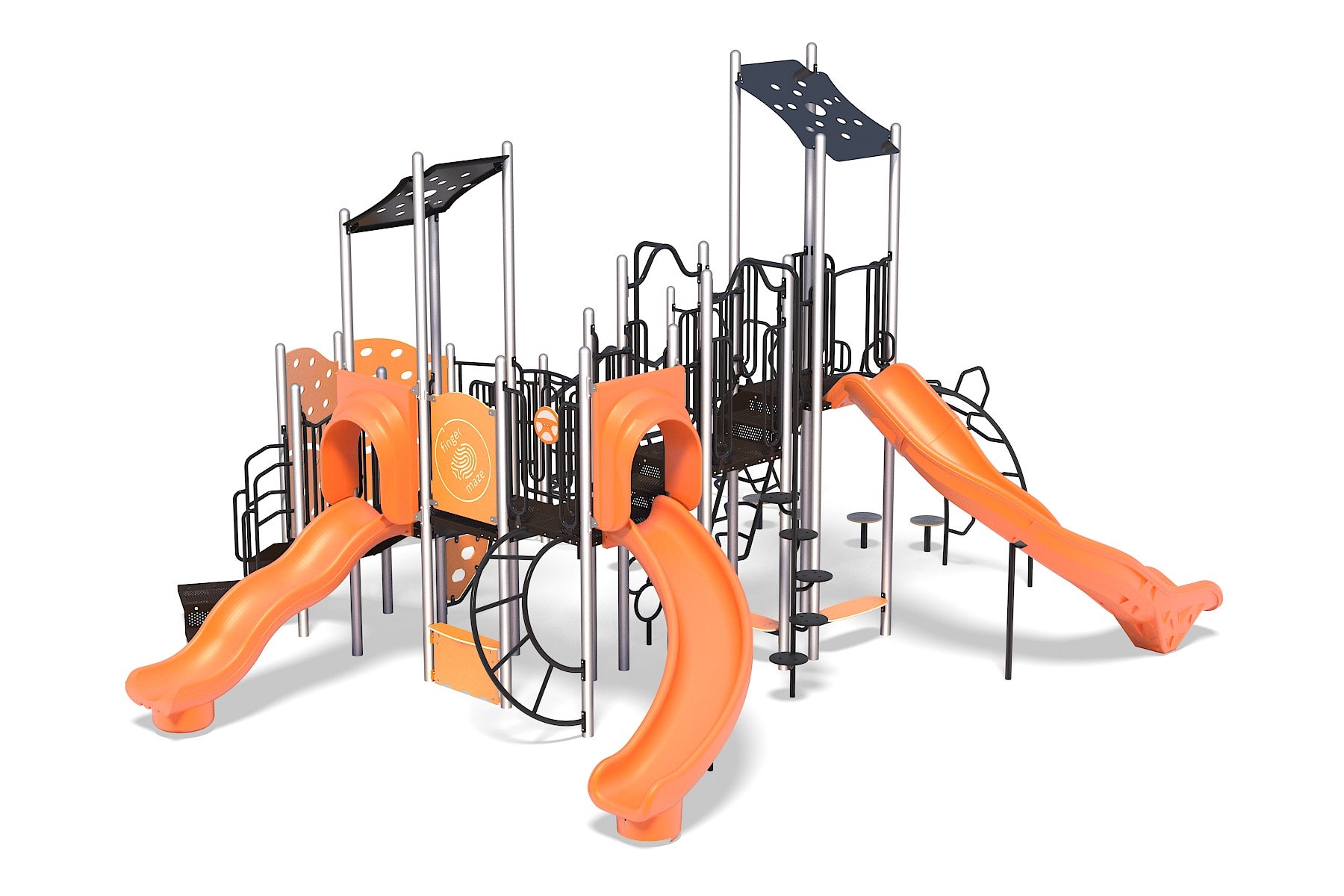 Multi-slide playground with orange curved slides, diverse climbing panels, and black metal framework for active play