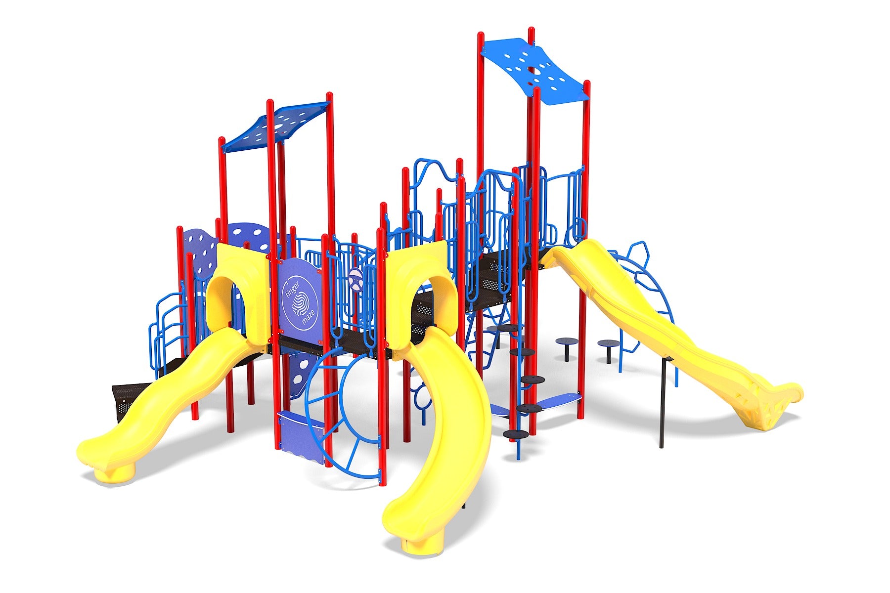 Explorer’s Paradise Playground with yellow slides, red and blue climbing structures, and interactive play panels