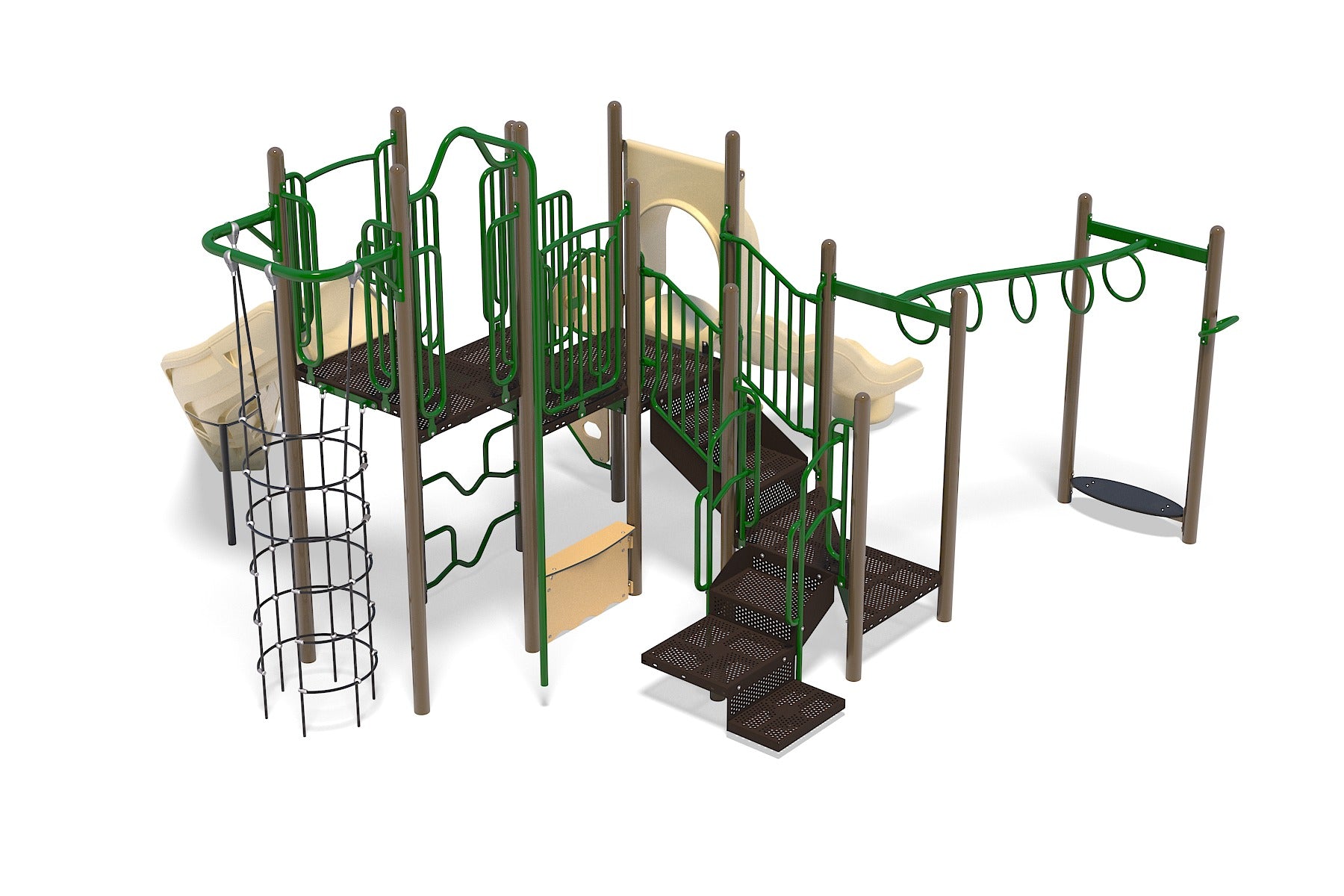 Outdoor playground structure with slides, climbing nets, monkey bars, platforms, and interactive play panels in green and beige colors