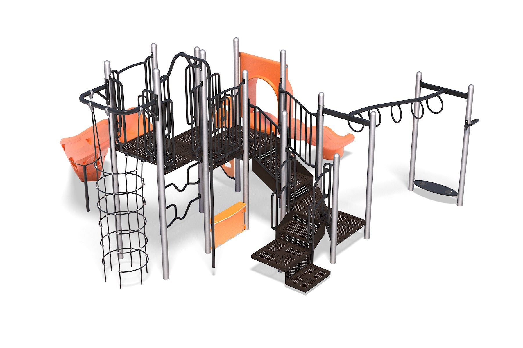 Playground structure with orange slides, climbing elements, monkey bars, safety railings, and interactive play panels