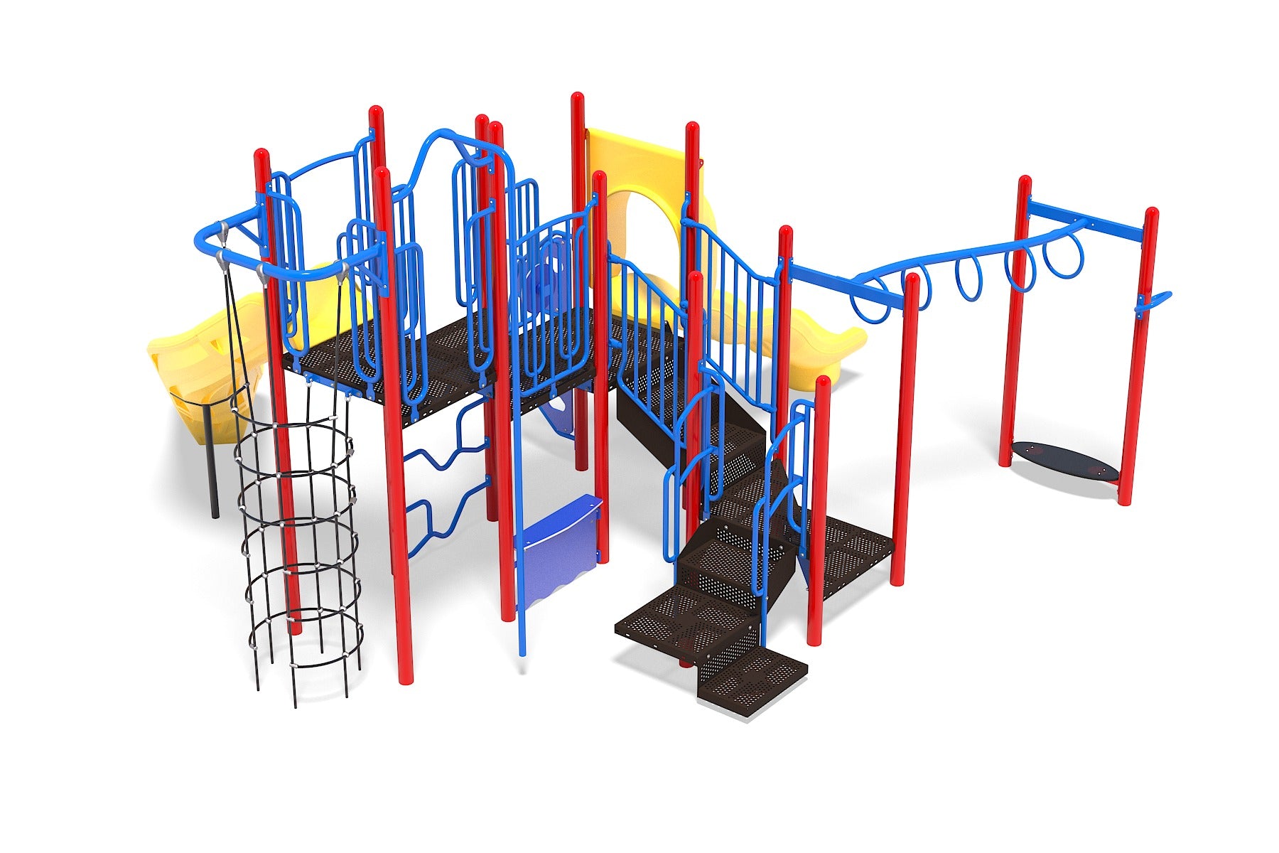 Colorful playground structure with slides, climbers, monkey bars, steering wheel, and finger maze panels in red, blue, yellow, and black.