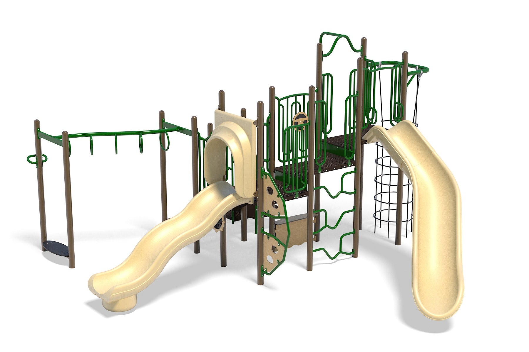 Jungle Quest Playground with green and tan slides, monkey bars, rope net climber, and activity panels for public parks