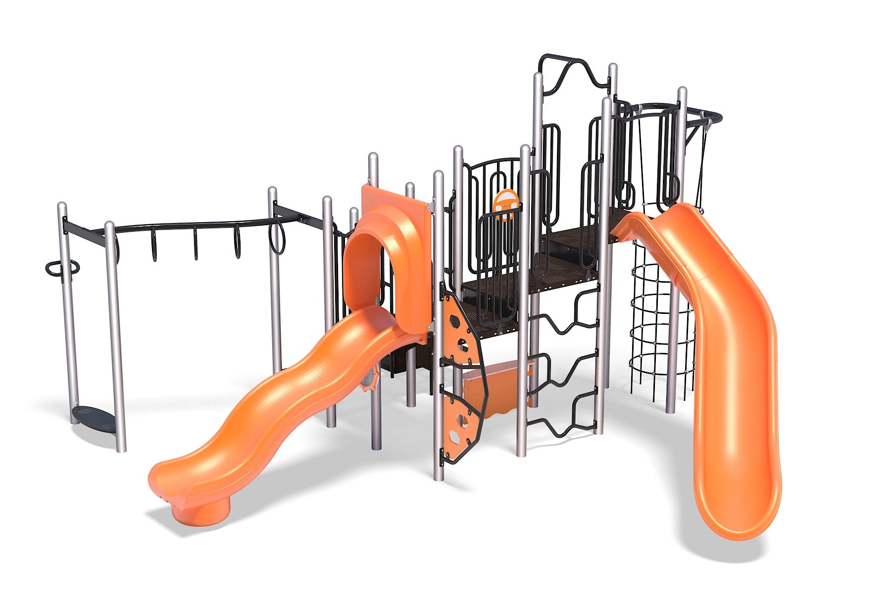 Modern playground with orange slides, climbing panels, monkey bars, rope ladder, and interactive play features in a clean outdoor setting