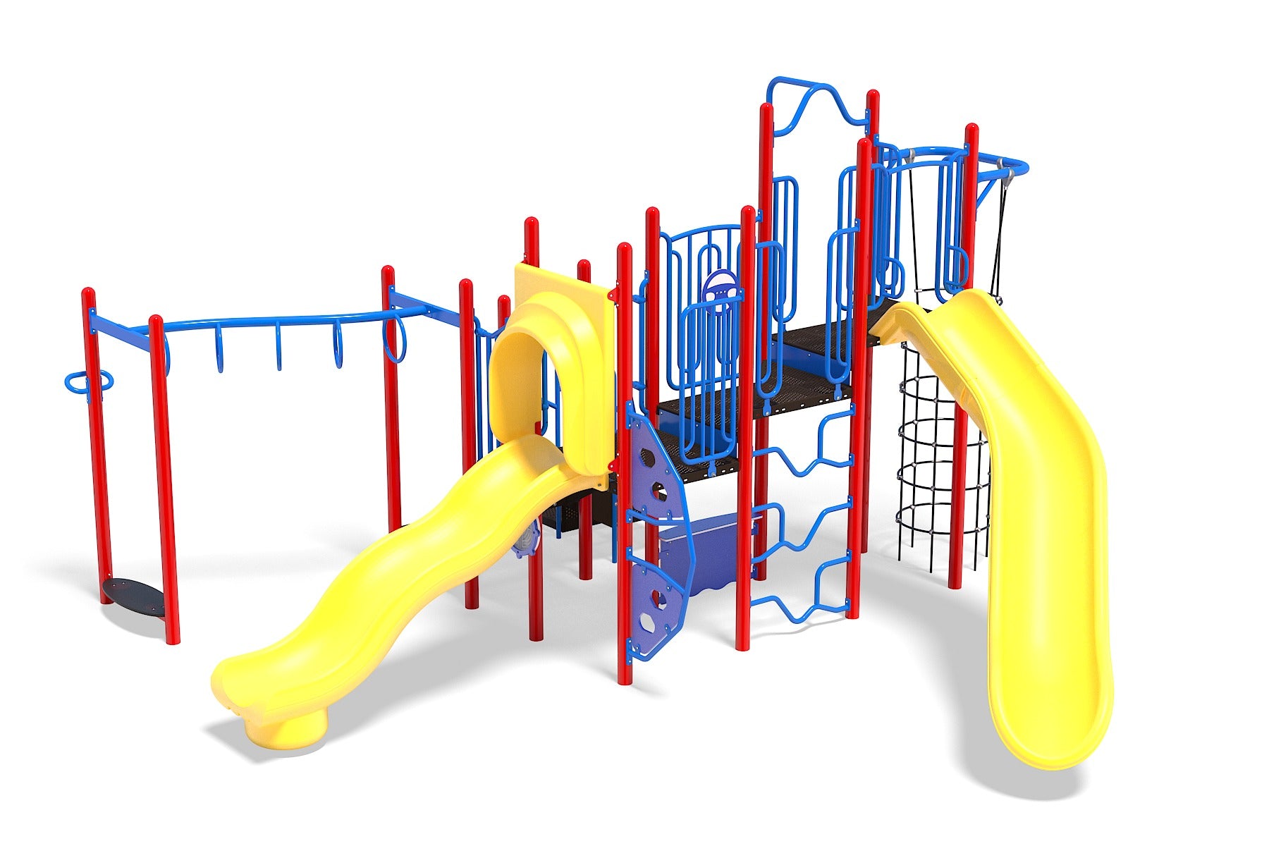 Colorful playground structure with yellow slides, red and blue climbing frames, and interactive play panels