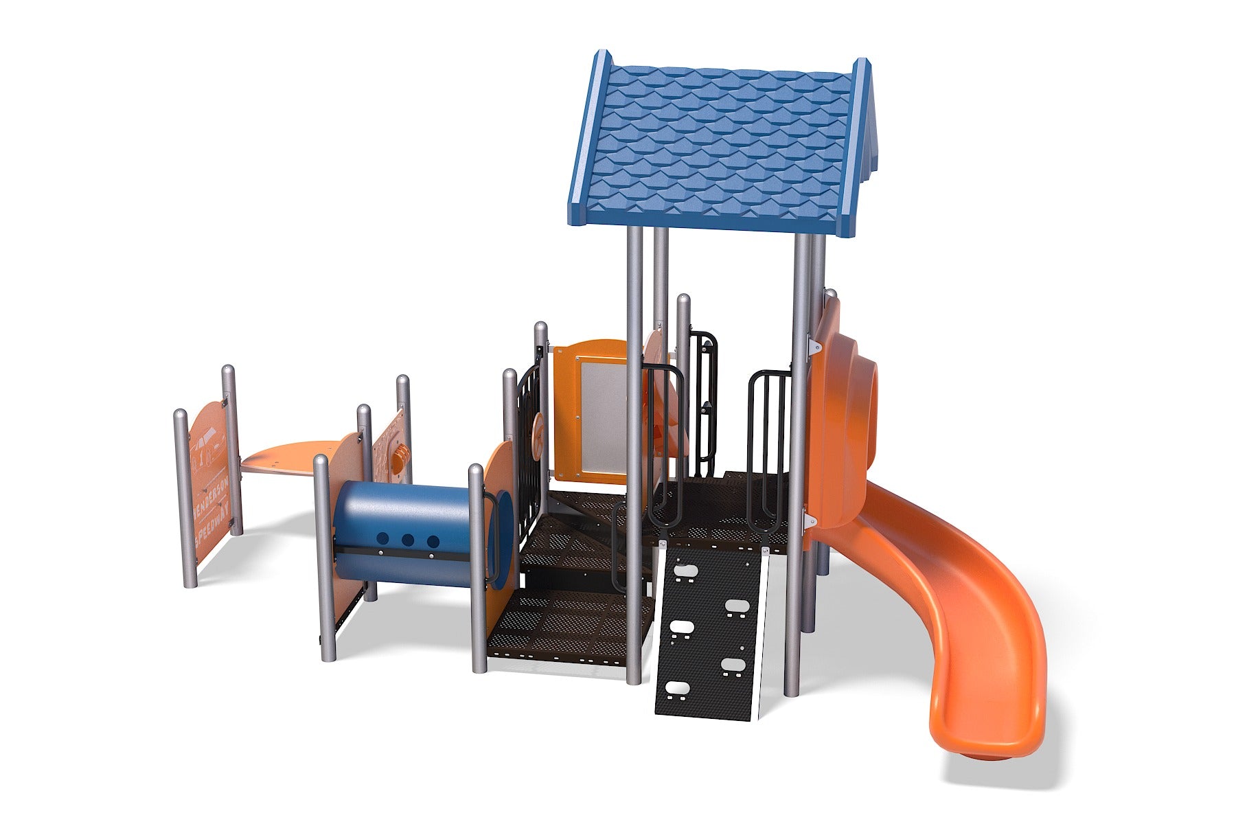 Compact kids playground with blue roof, orange slide, climbing ramp, crawl tunnel, and interactive play panels
