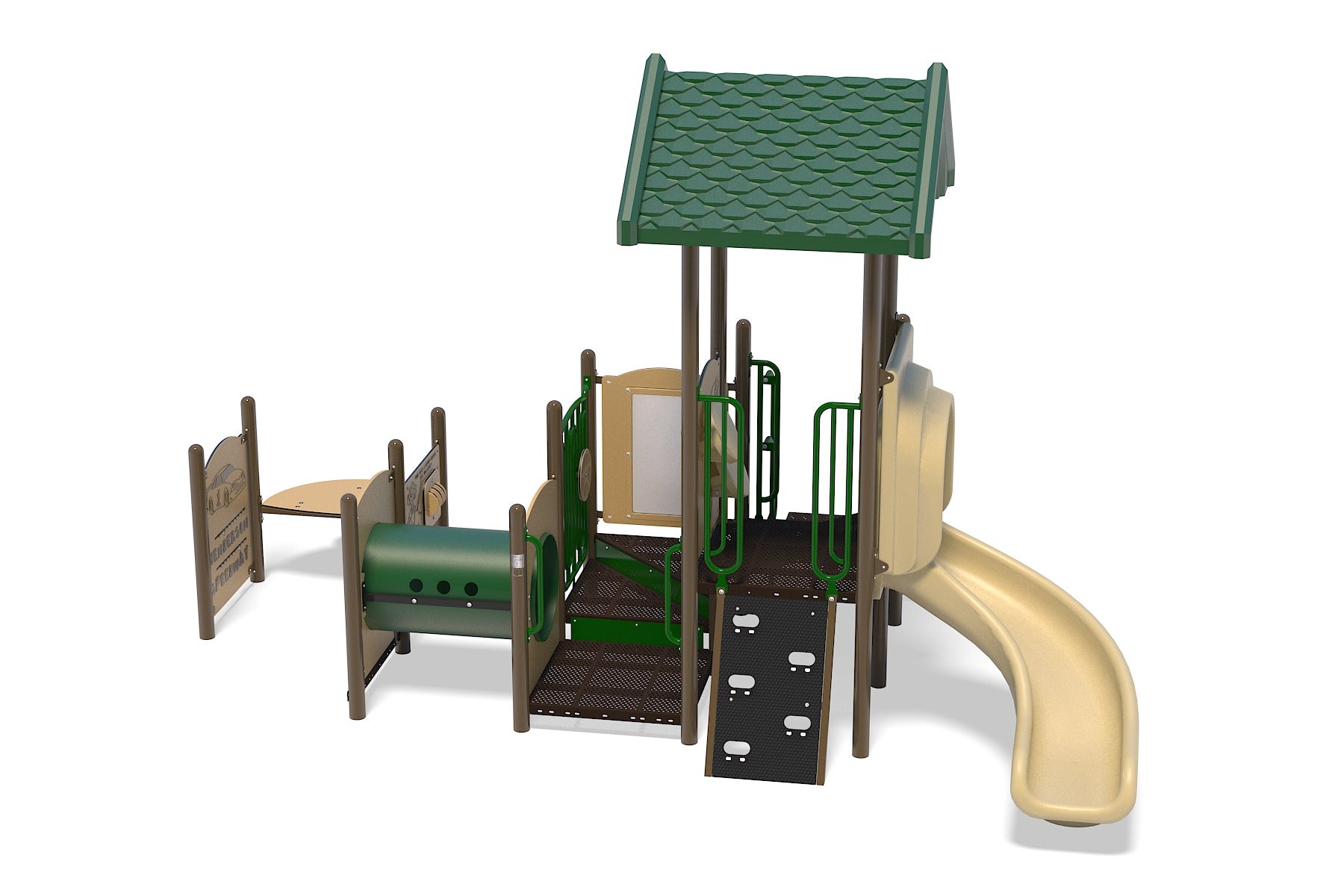 Kids Quest Playground with natural tones featuring a slide, climbing wall, crawl tunnel, roofed platform, and interactive play panels
