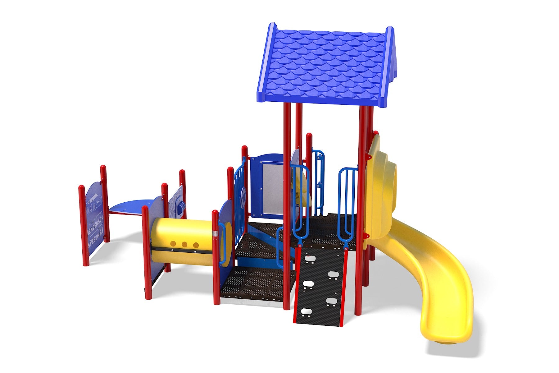 Colorful kids playground with blue roof, yellow slide, climbing ramp, crawl tunnel, and interactive play panels