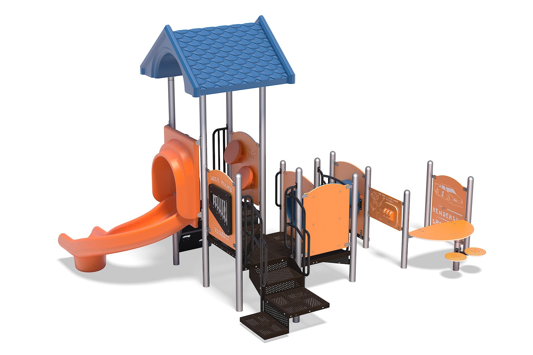 Compact kids playground with orange slide, blue roof, climbing steps, interactive panels, and play seats