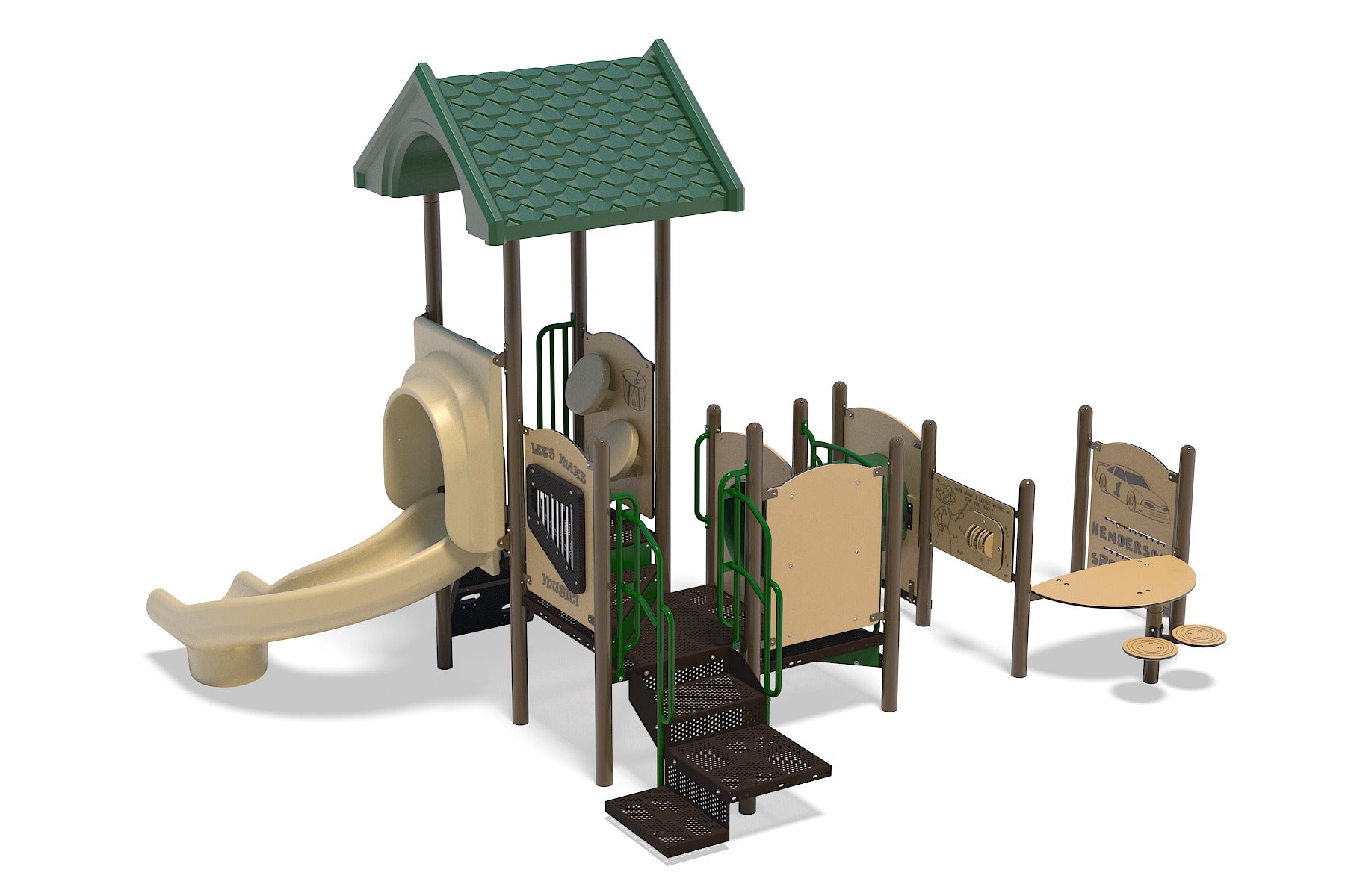 Children's playground with green roof, beige slide, stairs, interactive panels, and play seats