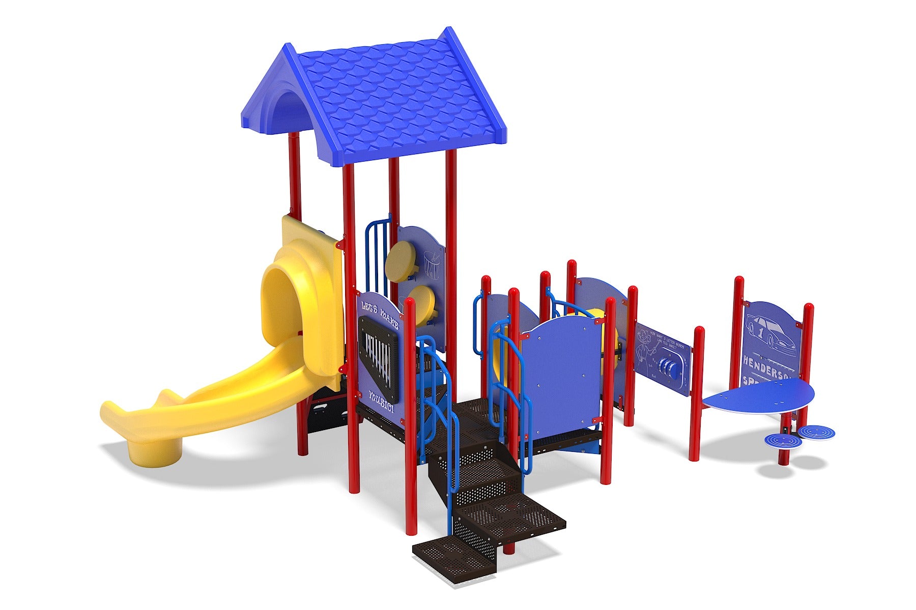 Colorful kids playground with yellow twister slide, blue roof, red posts, climbing steps, and interactive play panels including steering wheel and musical chimes