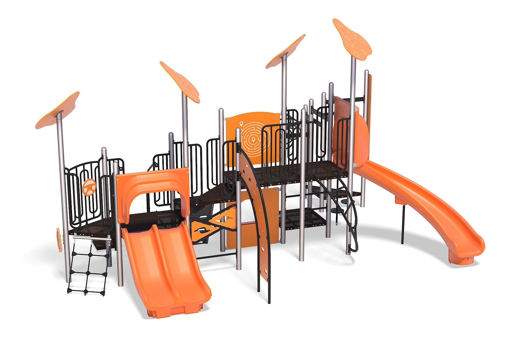 Orange and black kids playground with dual slides, climbing panels, rope ladder, and interactive play features