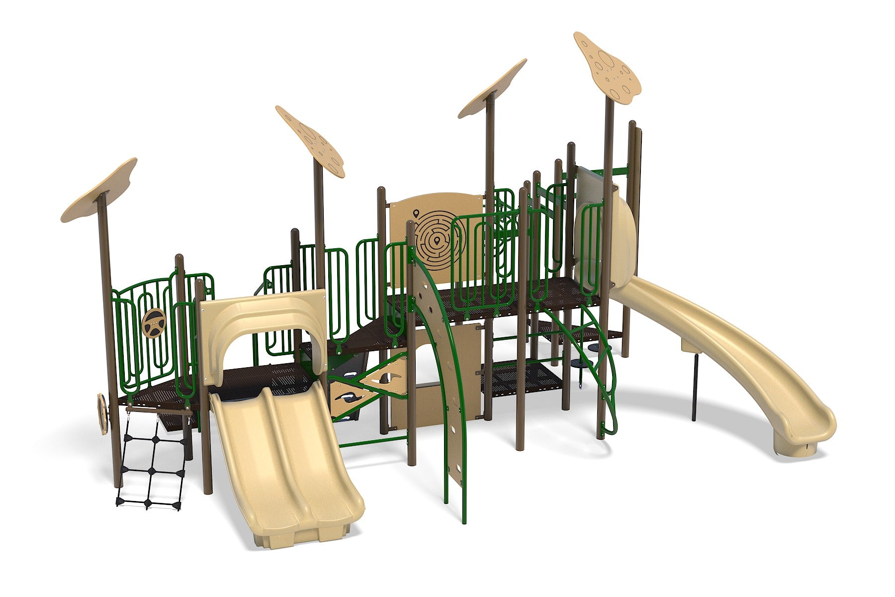 Natural-toned kids playground with dual slides, climbing panels, rope ladder, and interactive play features