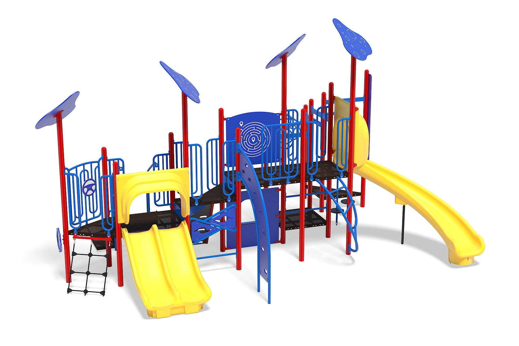 Kids Kingdom Playground with yellow slides, blue climbing panels, red posts, and interactive play features including steering wheel and maze panels