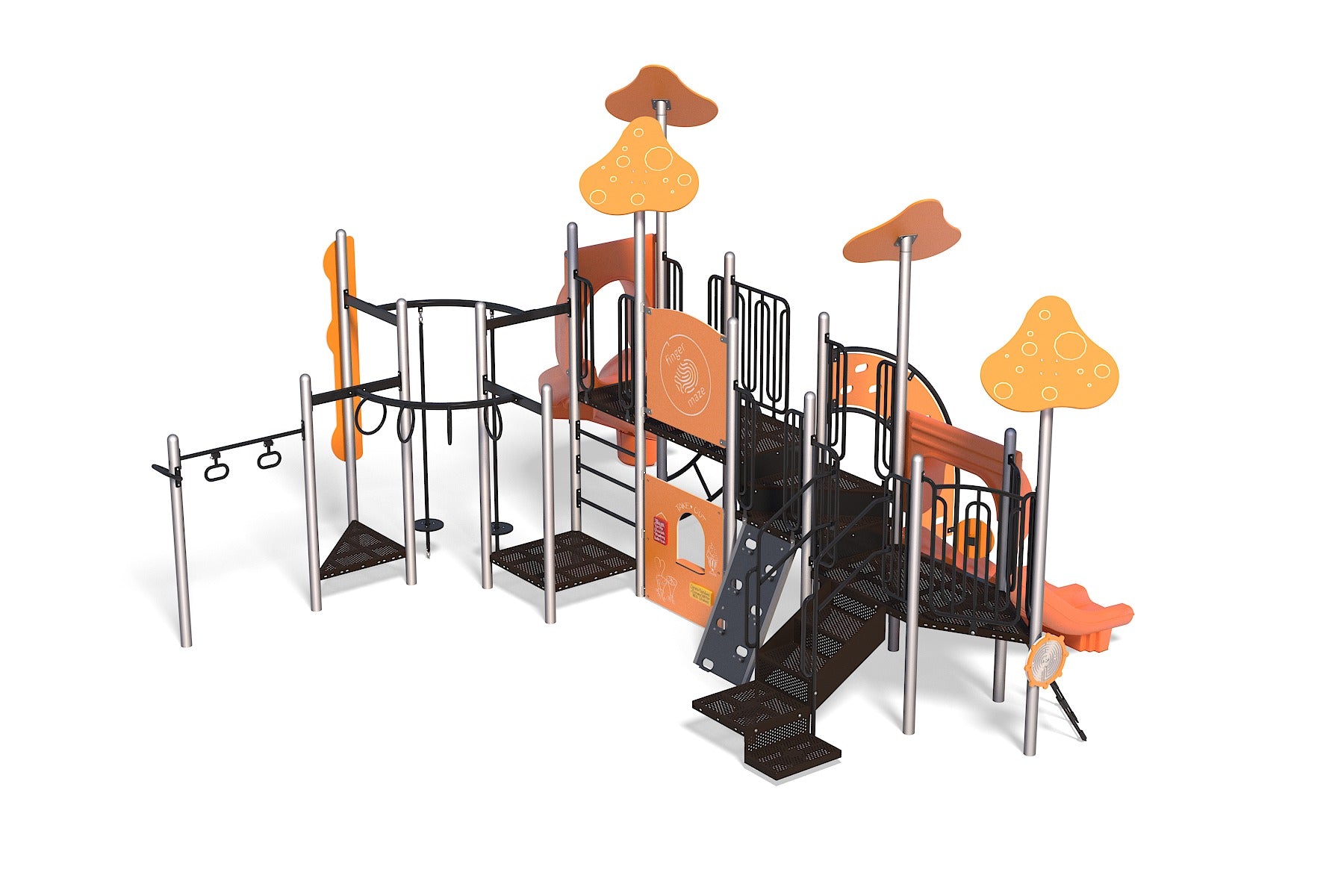 Outdoor kids playground structure in orange and black with slides, climbing panels, monkey bars, and interactive play features