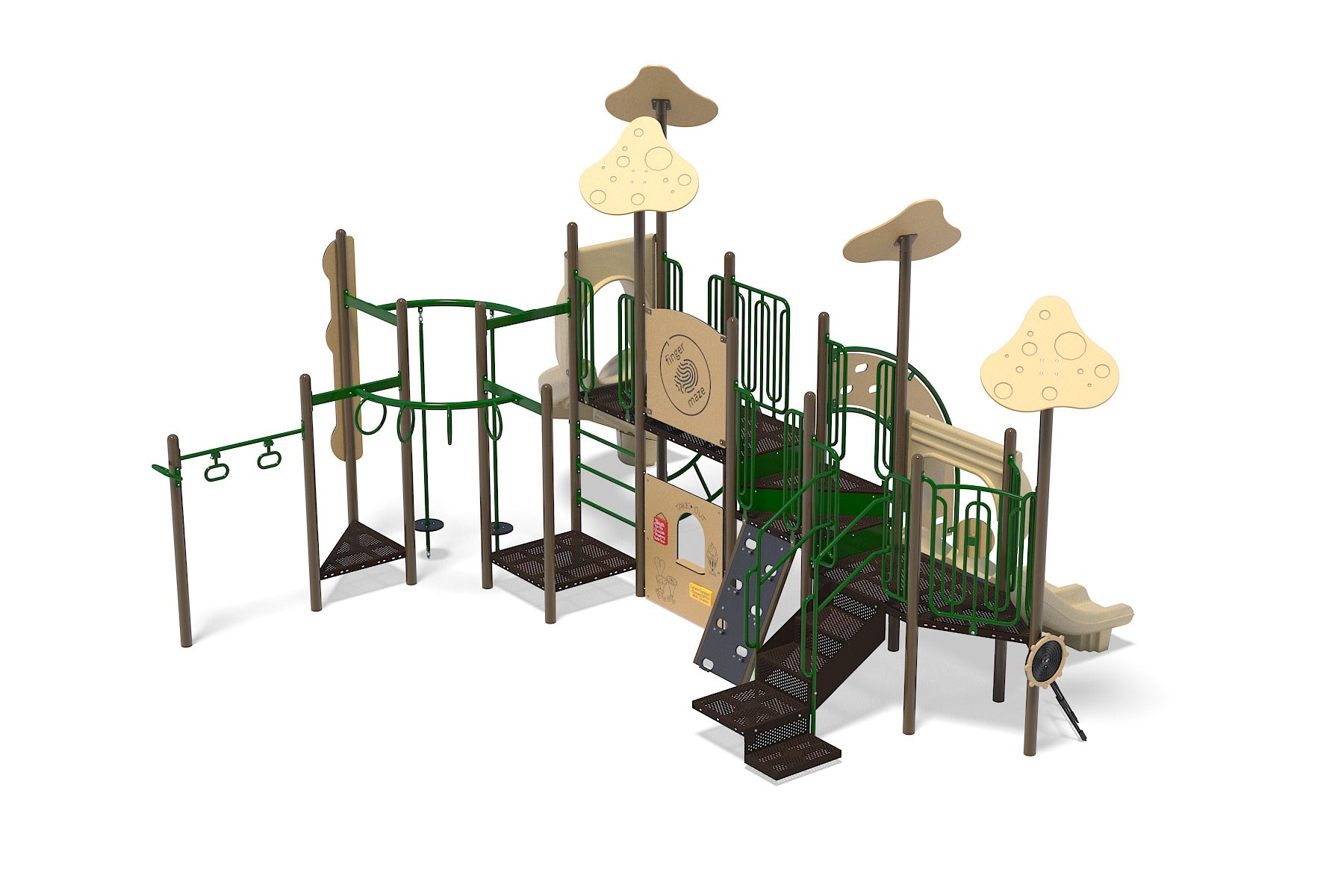 Outdoor kids playground structure with green and beige slides, climbing panels, monkey bars, and interactive play panels.