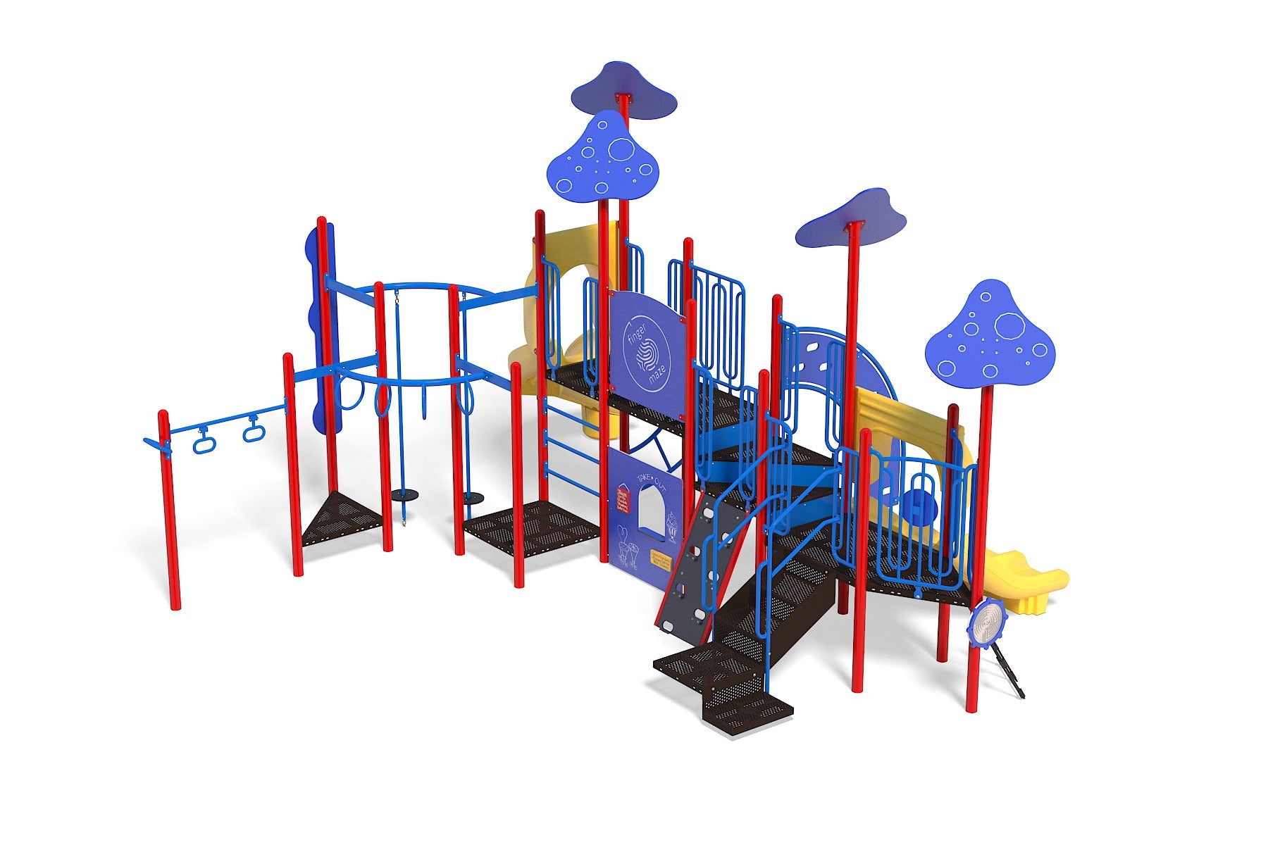Colorful kids playground with slides, climbers, interactive panels, and red and blue support posts.