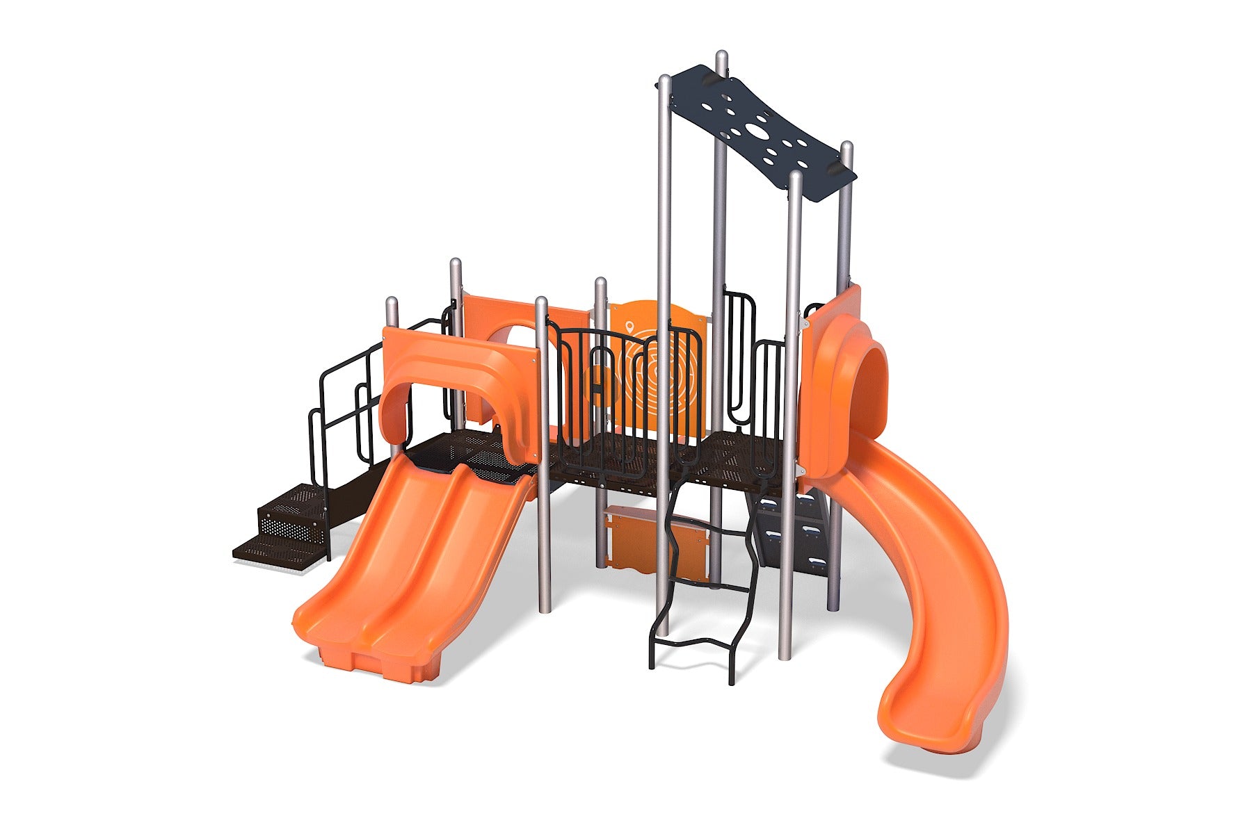 Compact orange and black playground structure with double and single slides, climbing panels, and interactive play features