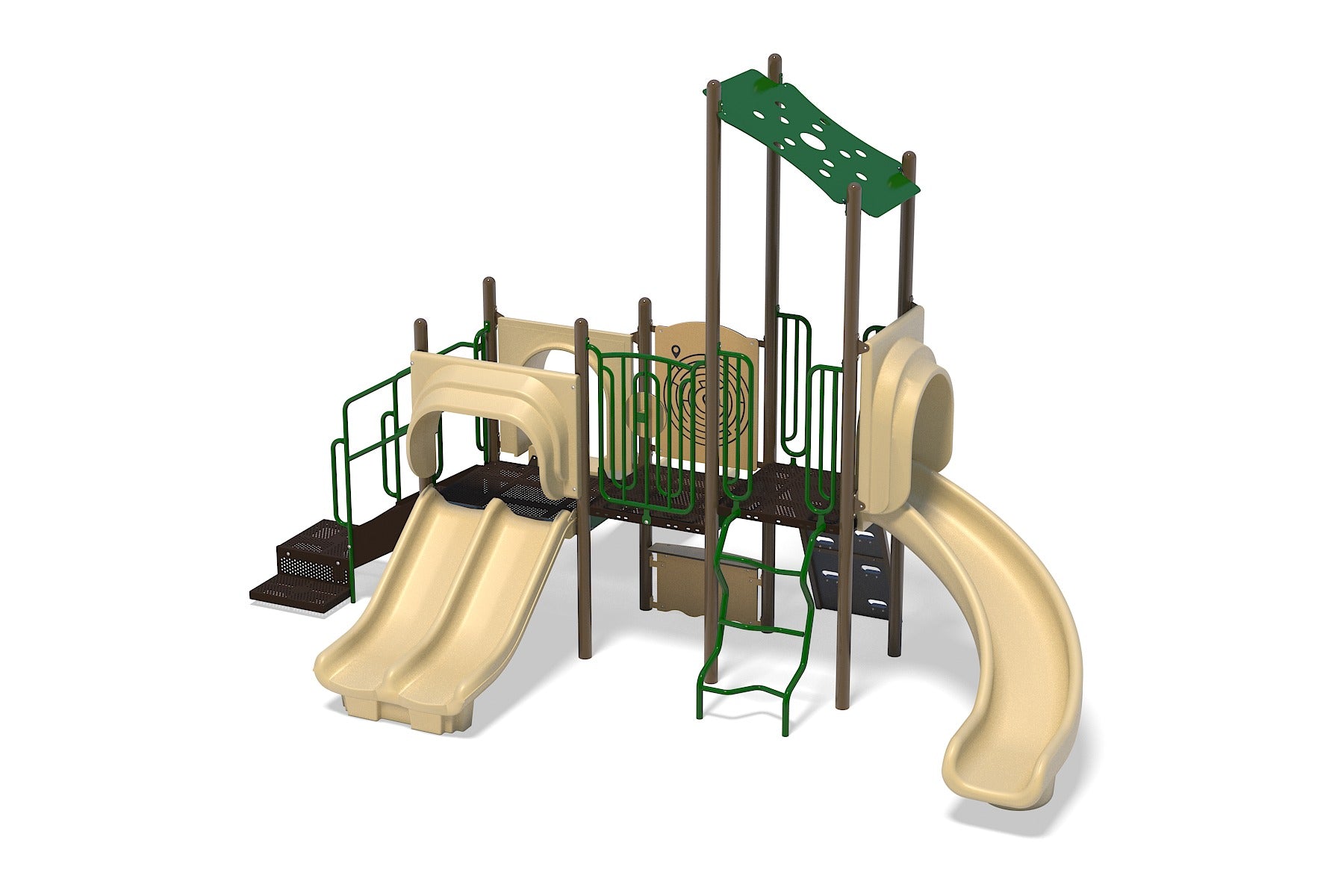 Jungle Island Playground with natural beige slides, green climbing bars, steering wheel and finger maze panels for interactive outdoor play