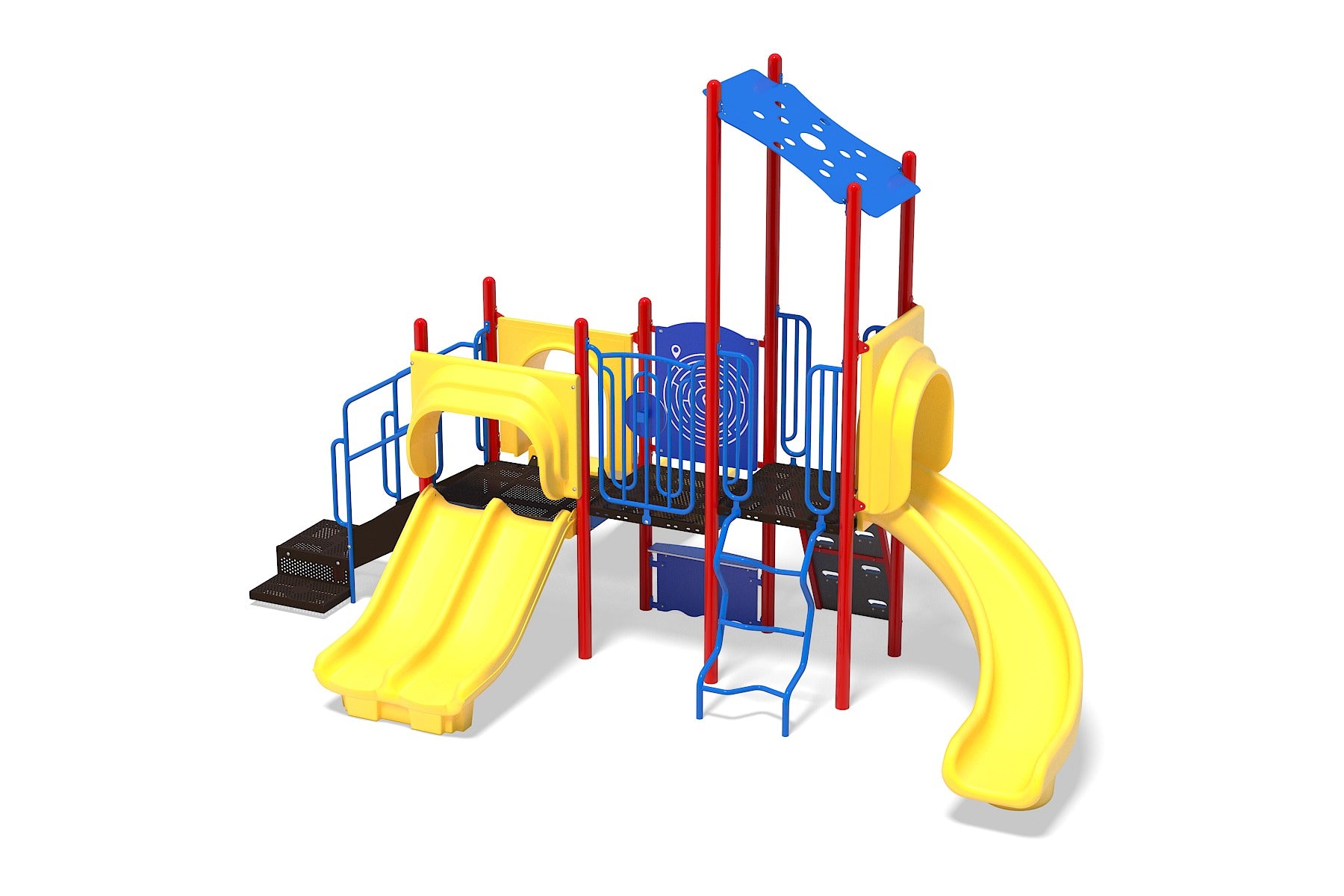 Colorful playground structure with yellow slides, red poles, blue climbing bars, and interactive panels including a steering wheel and finger maze.