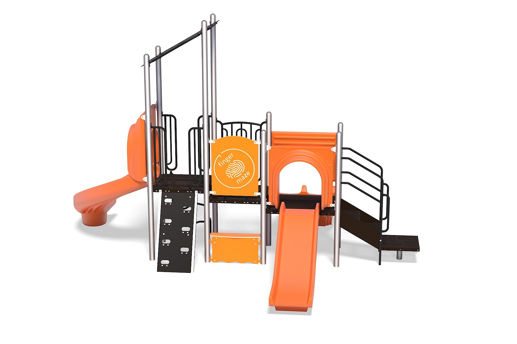 Orange and black playground structure with slides, climbing panels, a finger maze, and interactive play features