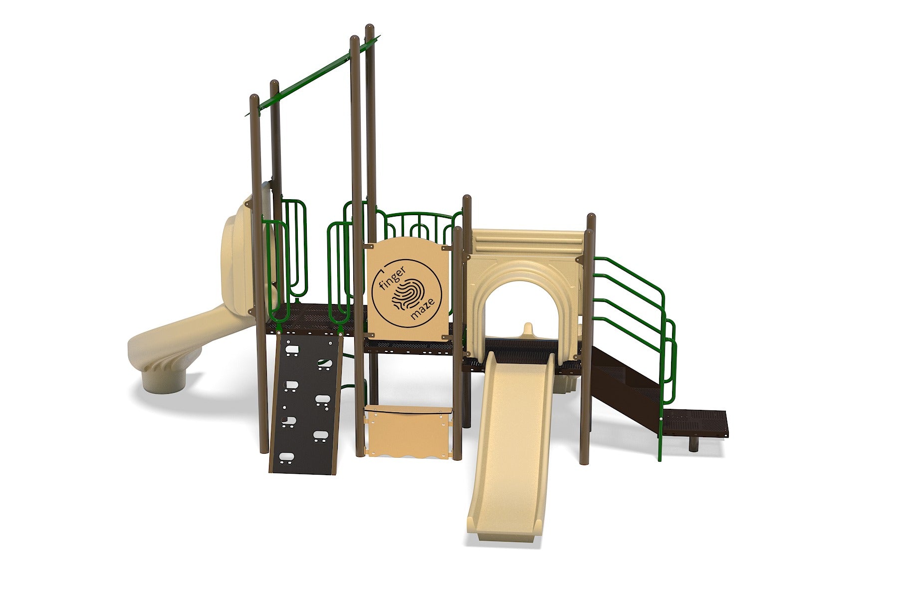 Beige and green playground structure with slides, climbing panels, steering wheel, and interactive finger maze panel