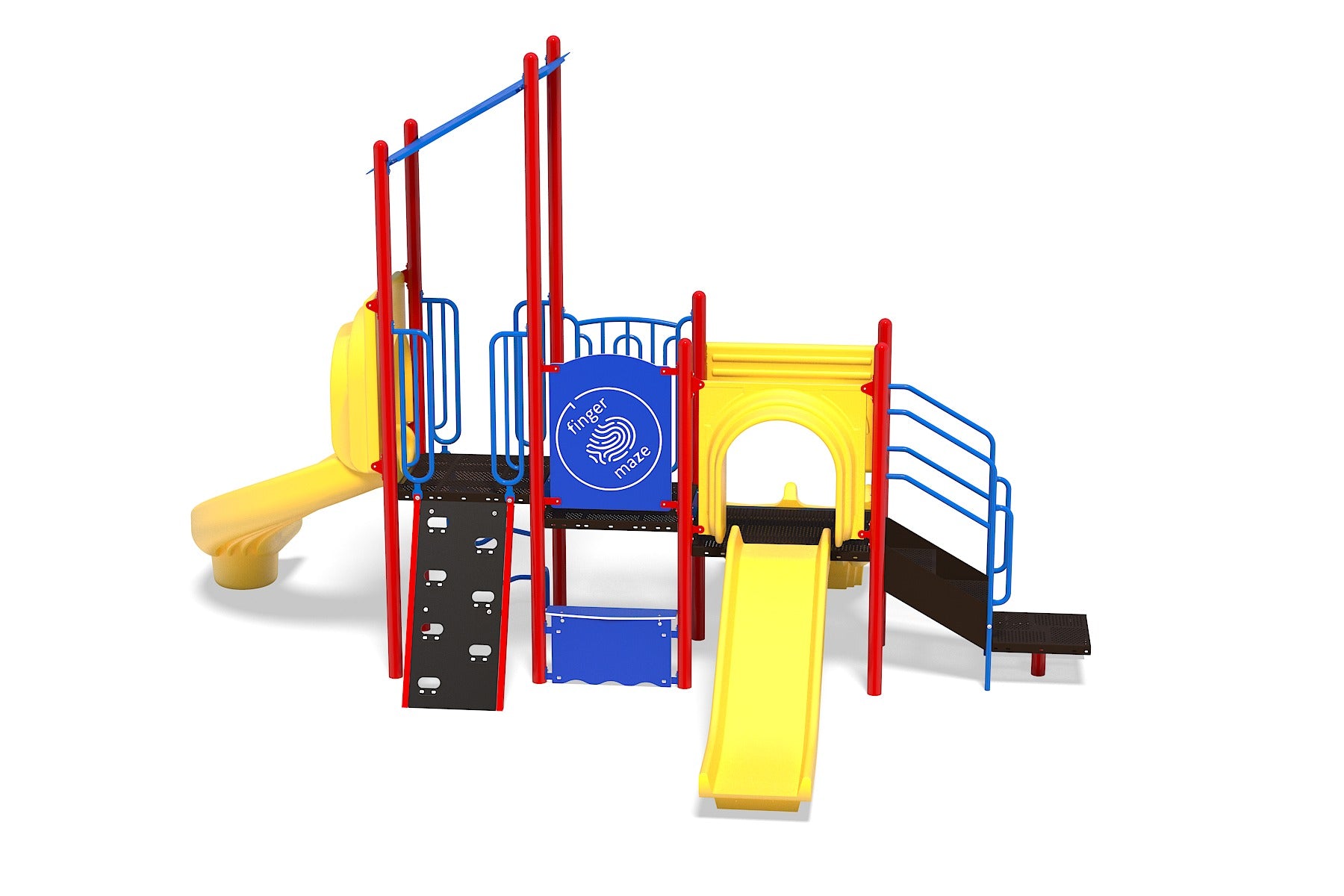 Colorful playground with yellow slides, red and blue climbing frames, steering wheel, and finger maze panels for interactive play.